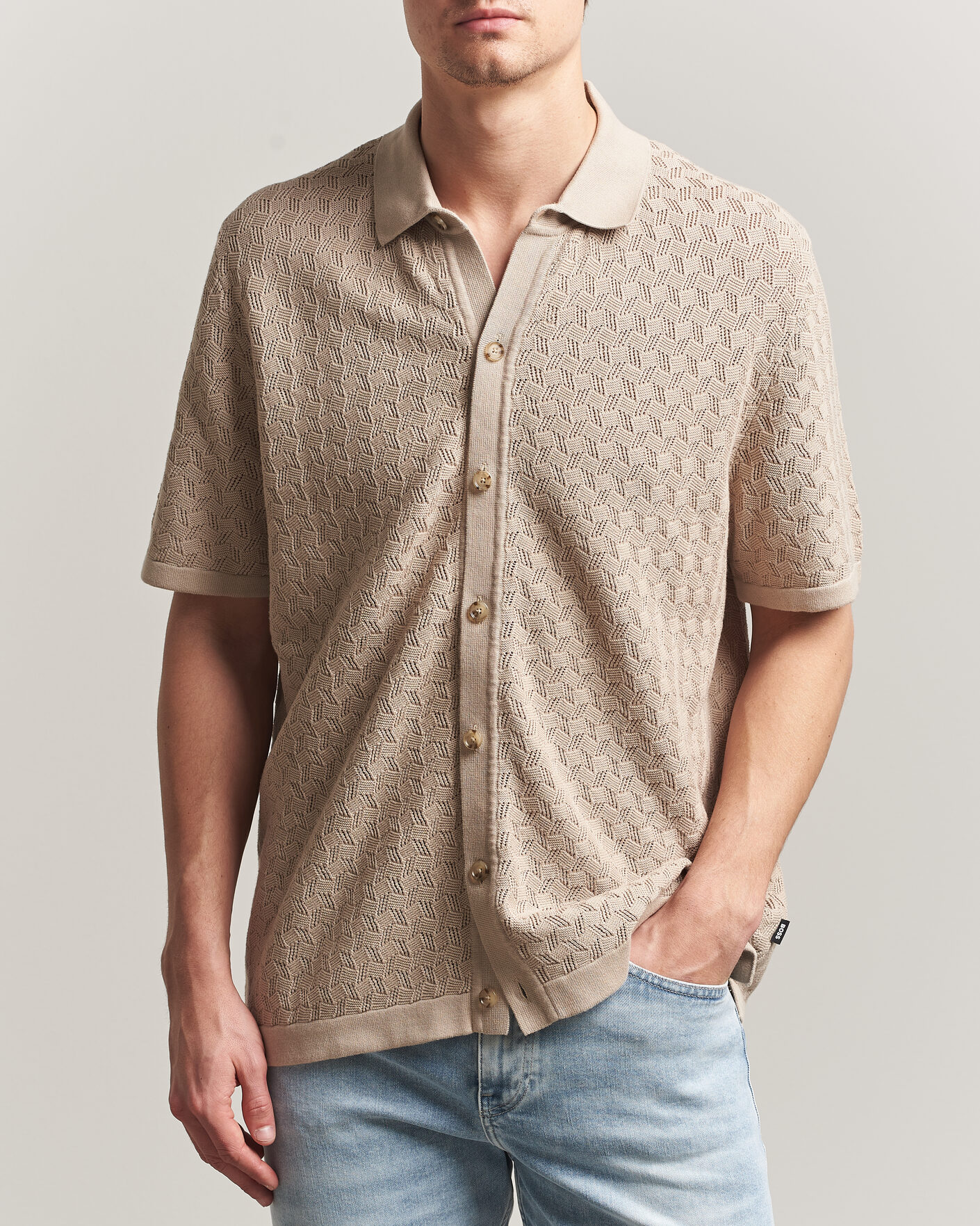 Herre | Skjorter | BOSS BLACK | Nappo Knitted Short Sleeve Shirt Open Beige