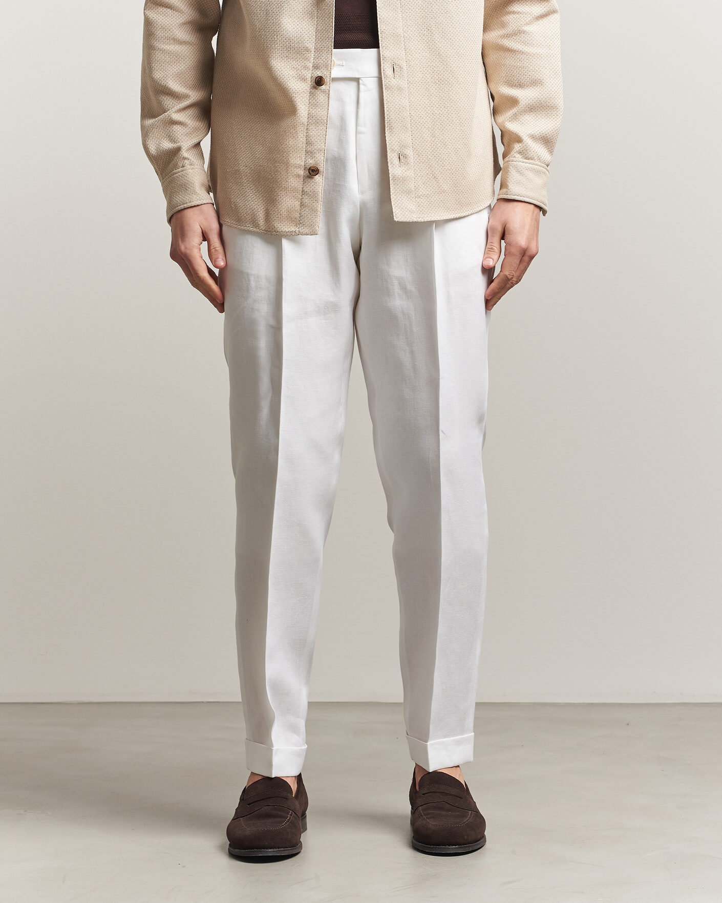 Herre | Bukser | BOSS CAMEL | Peet Linen Pleated Trousers White