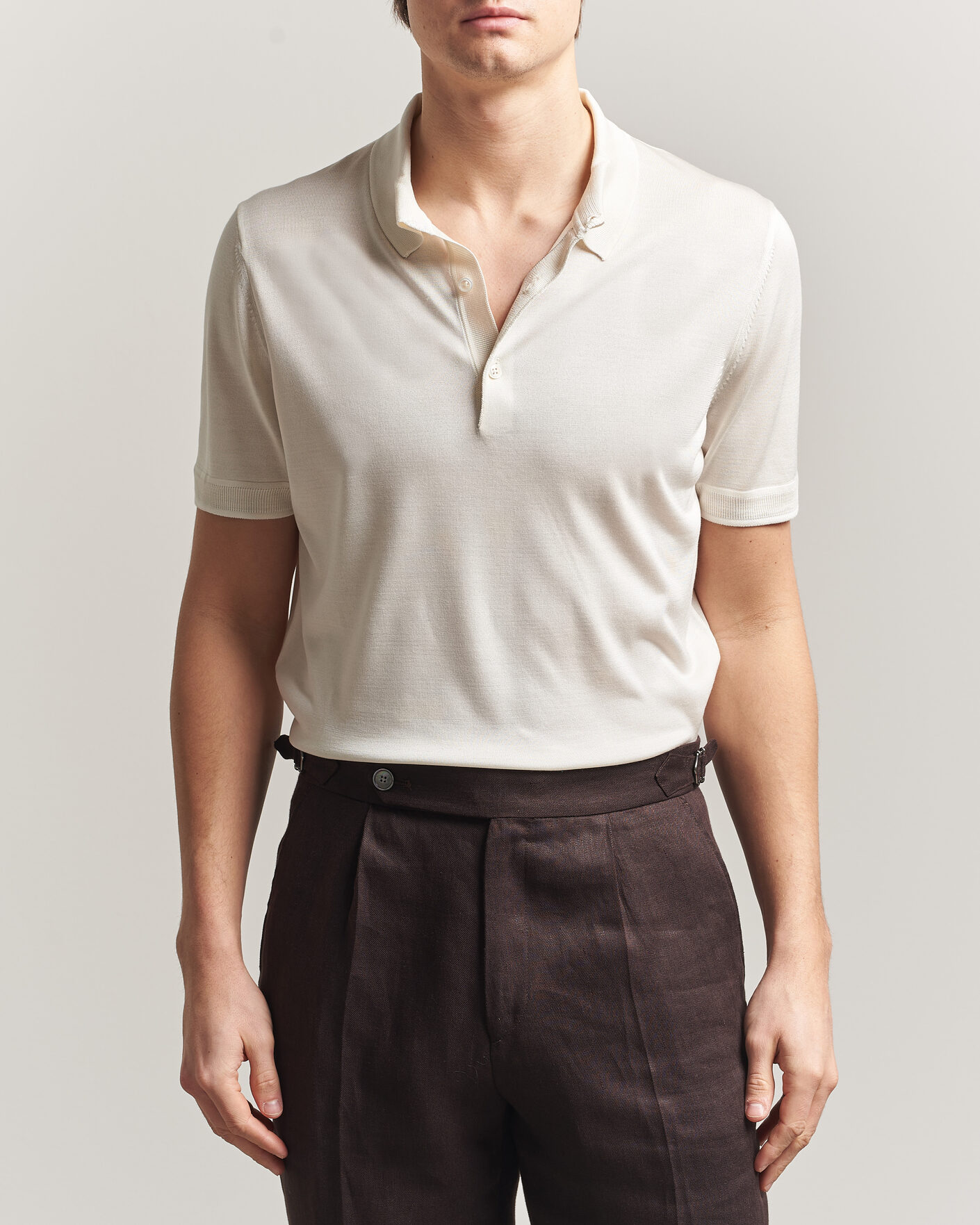 Herre | Pikéer | BOSS CAMEL | Novo Silk Knitted Polo Open White