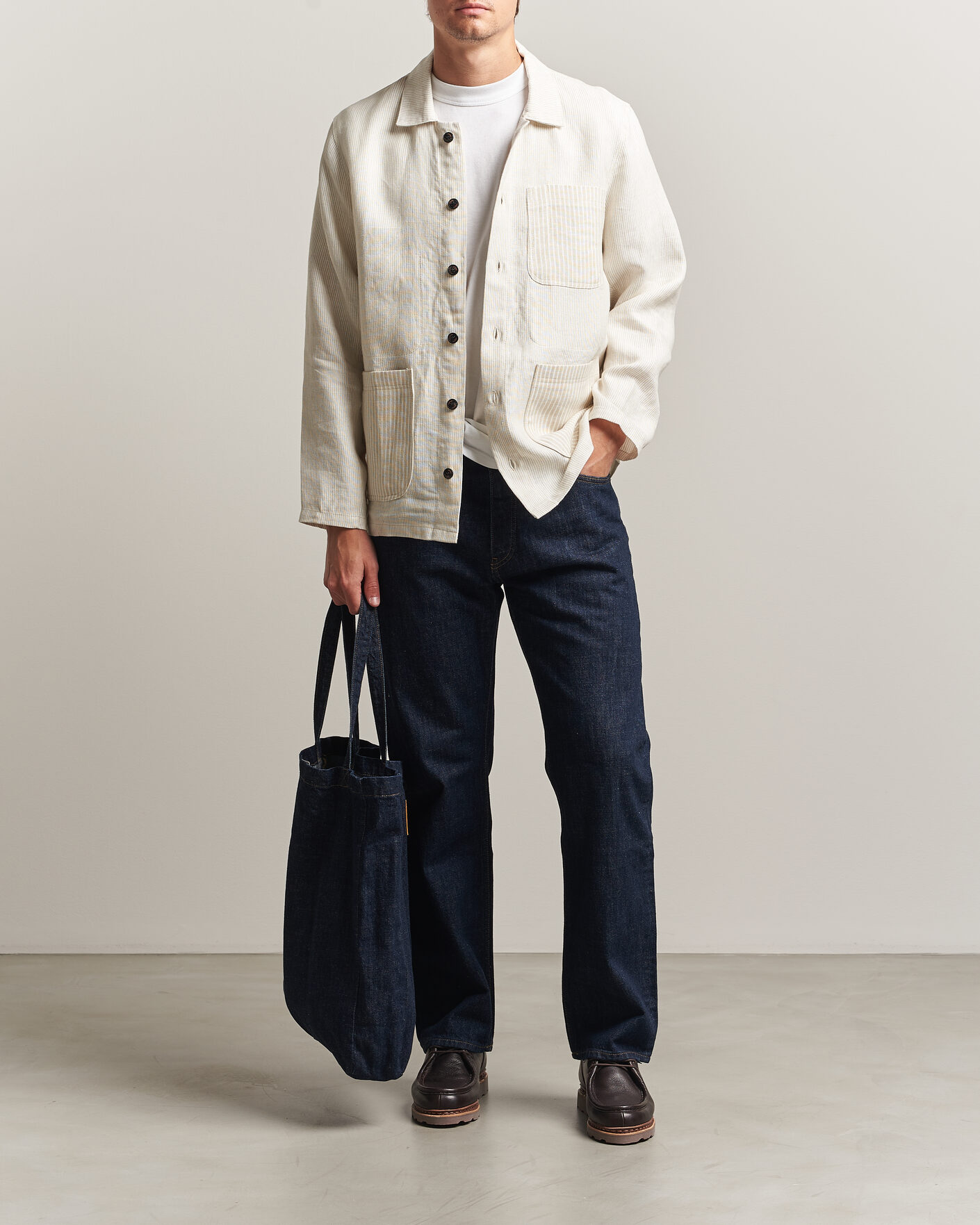Herre | Skjorter | Peregrine | Windsor Linen Shacket Beige Stripe