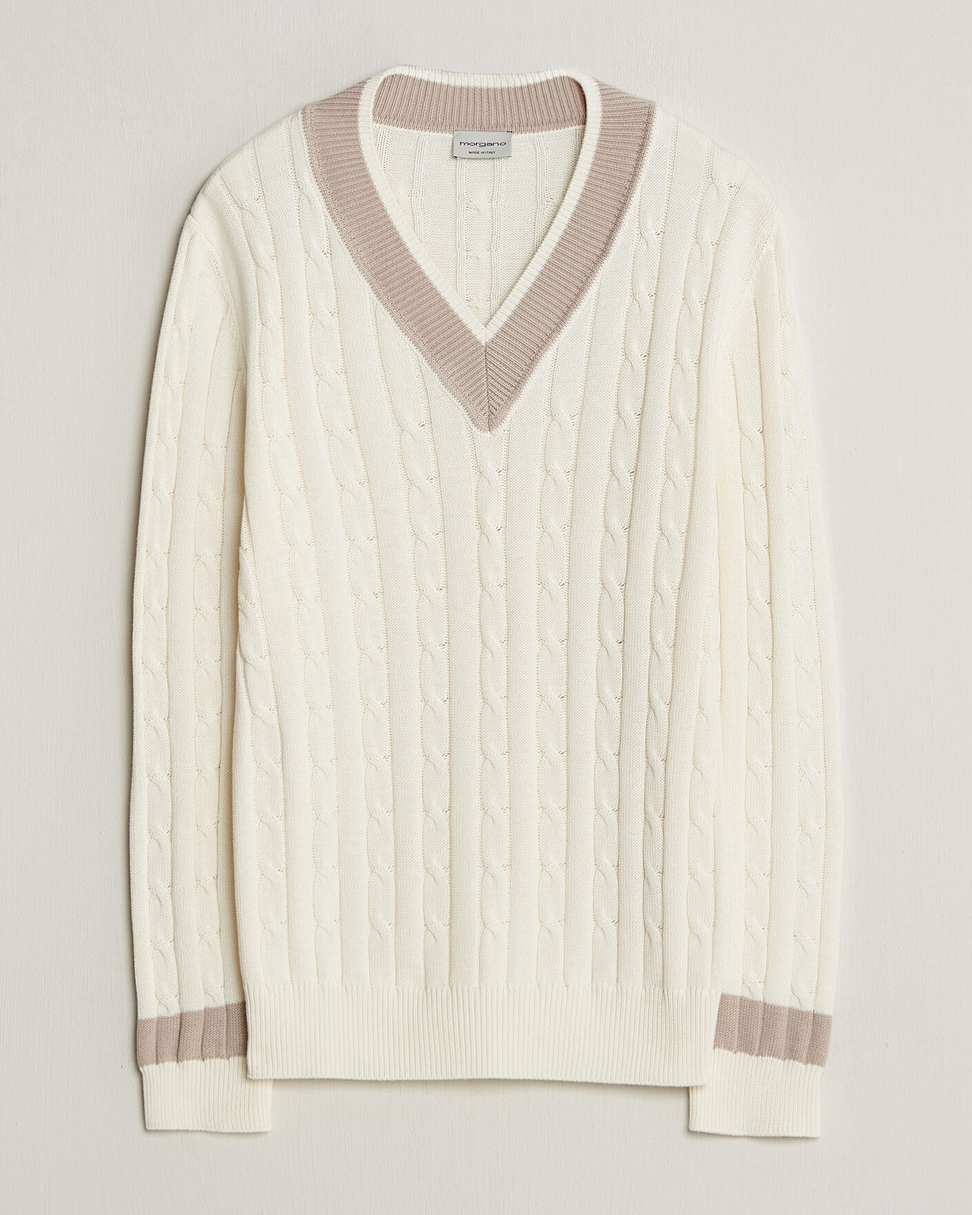 Herre | Gensere | Morgano | Cable Knitted Cotton V-Neck White/Beige