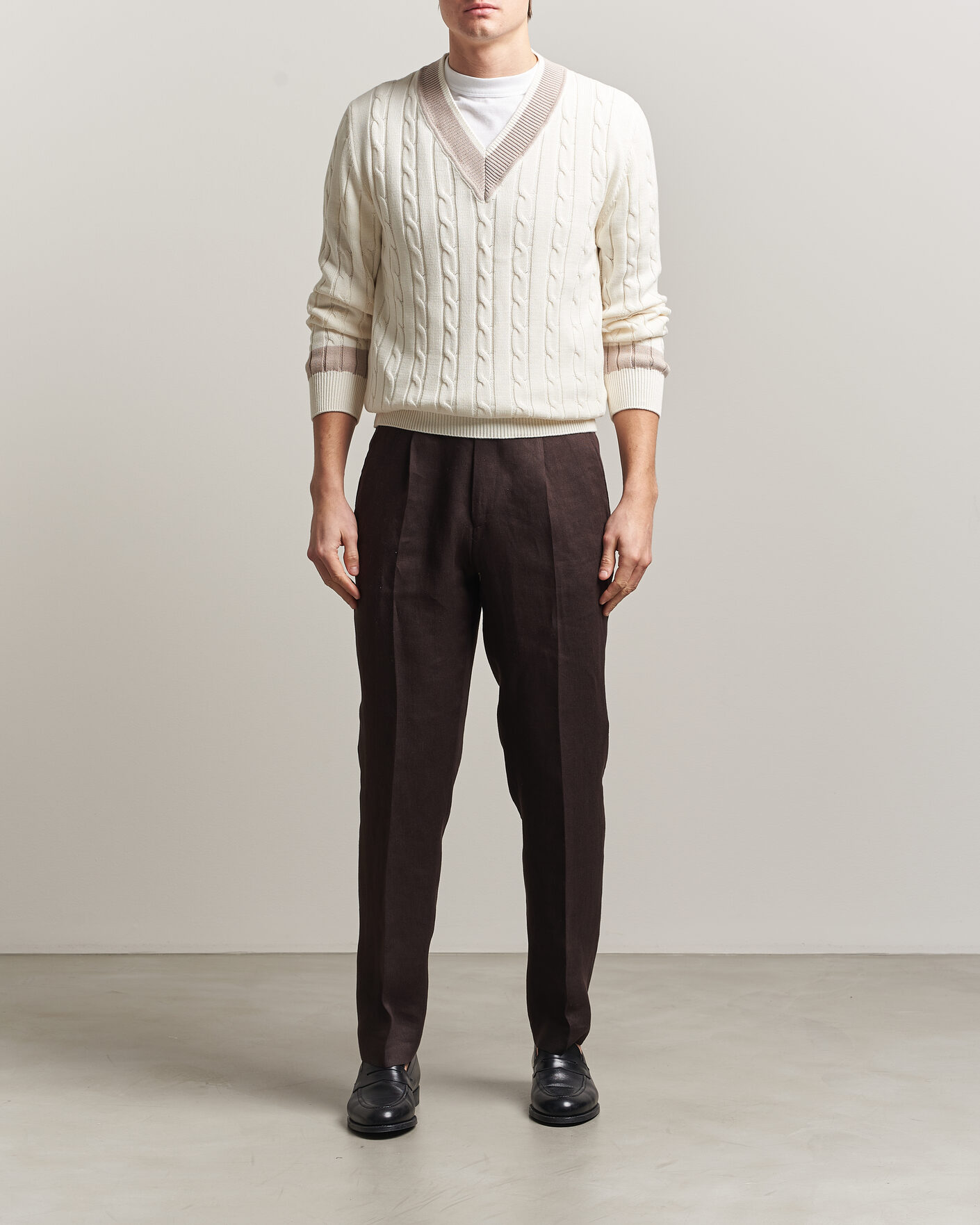 Herre | Gensere | Morgano | Cable Knitted Cotton V-Neck White/Beige