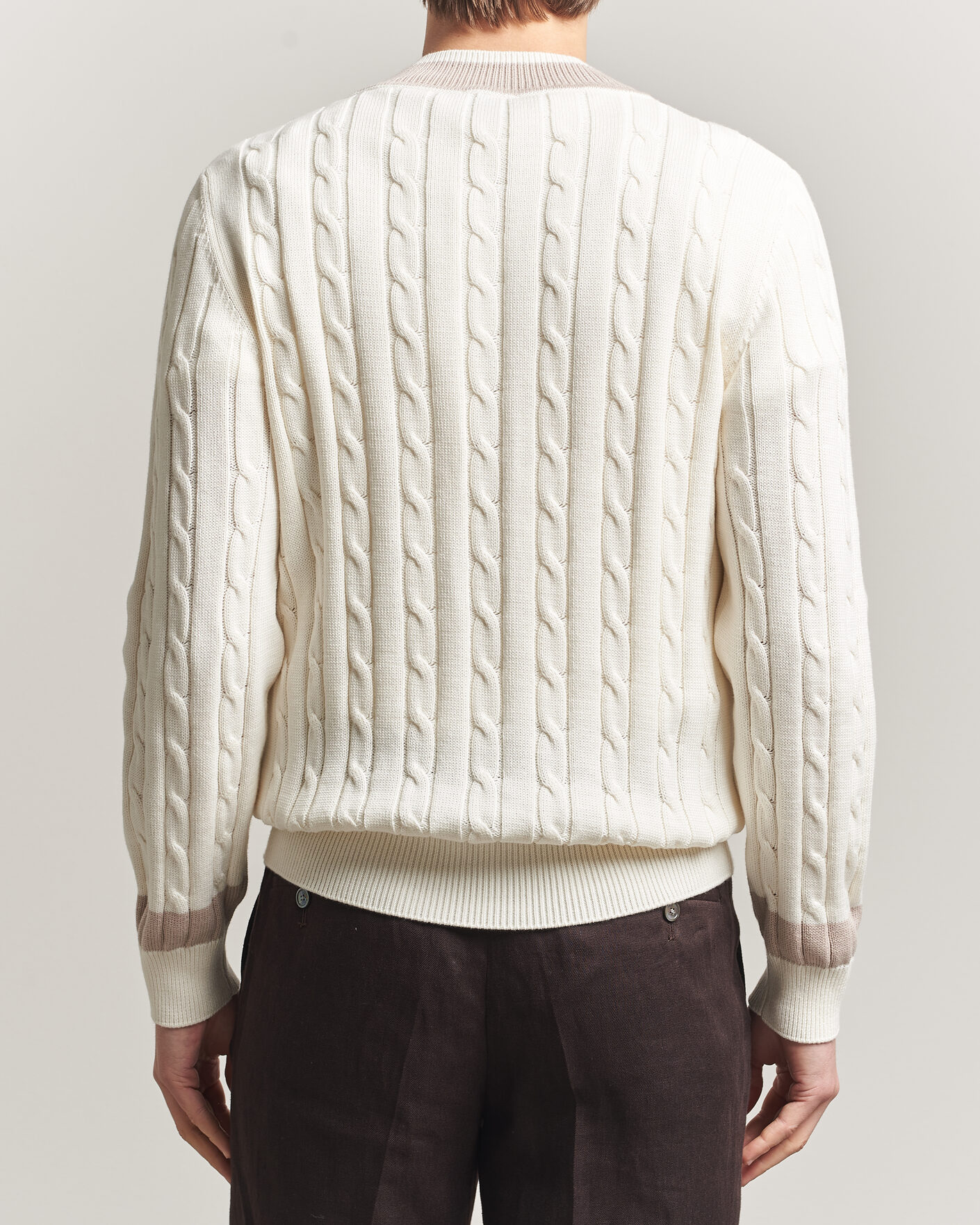 Herre | Gensere | Morgano | Cable Knitted Cotton V-Neck White/Beige