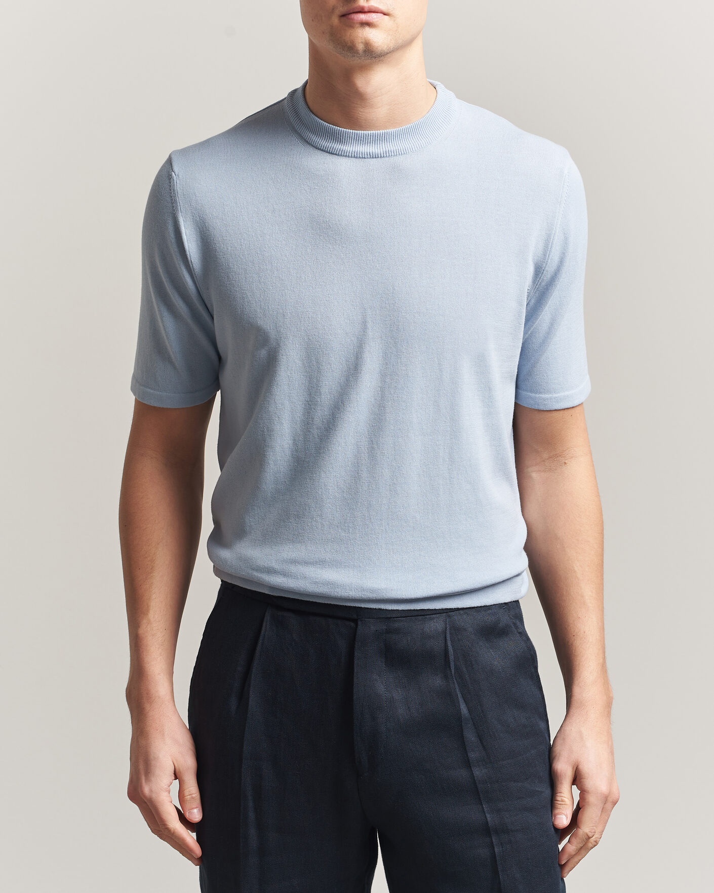 Herre | T-Shirts | Morgano | Knitted Cotton Crepe T-Shirt Light Blue