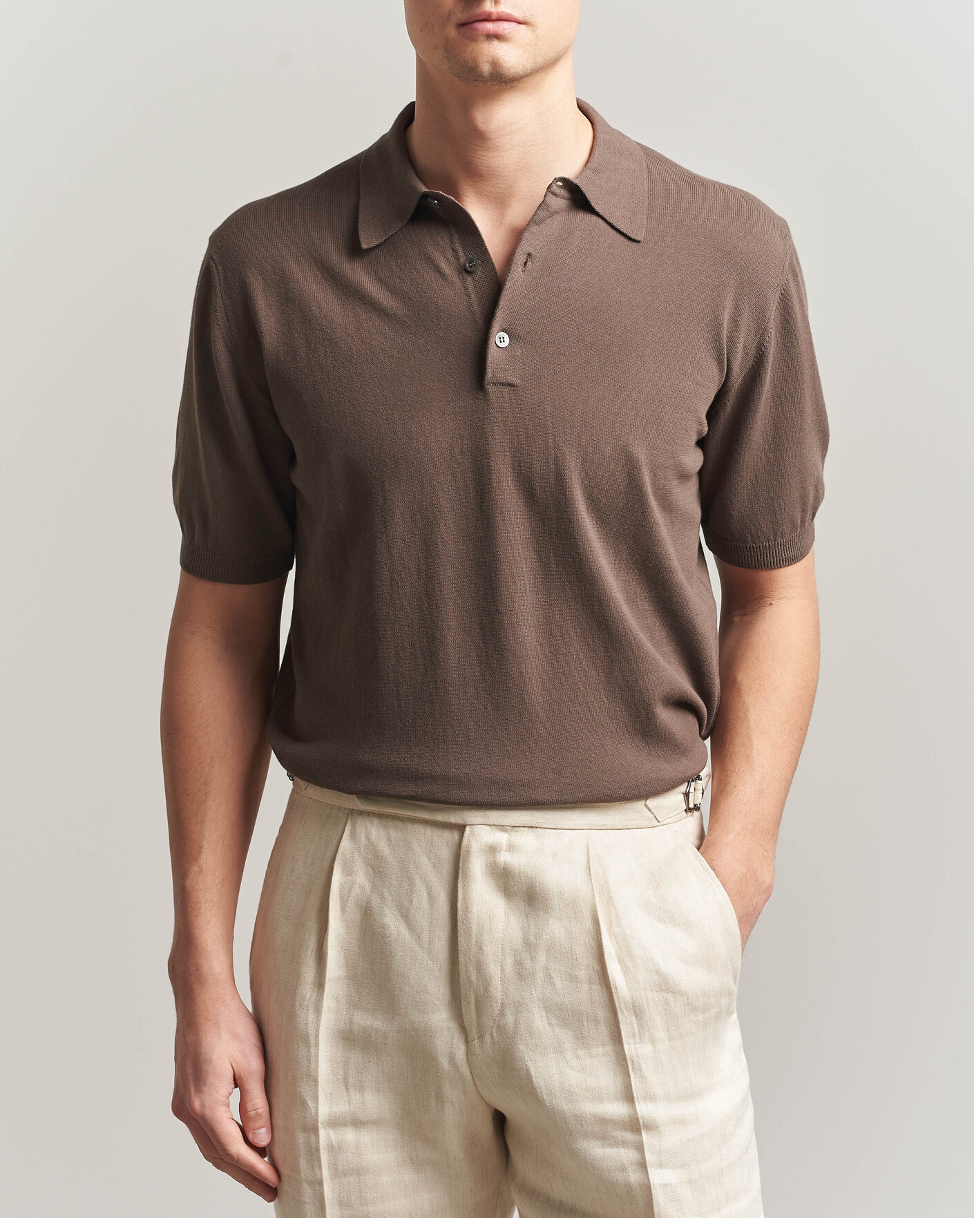 Herre | Pikéer | Morgano | Knitted Cotton Crepe Polo Brown