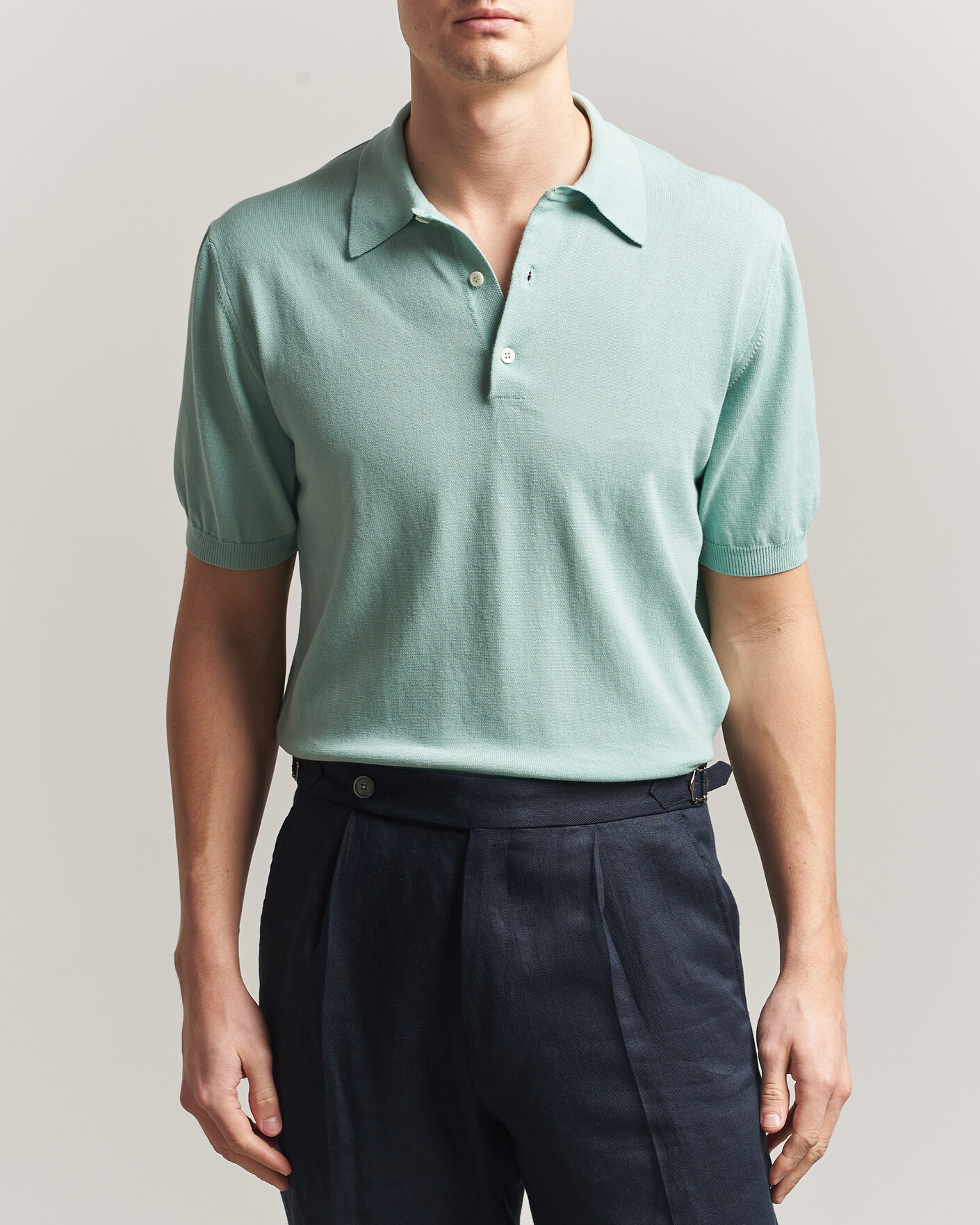 Herre | Pikéer | Morgano | Knitted Cotton Crepe Polo Light Green