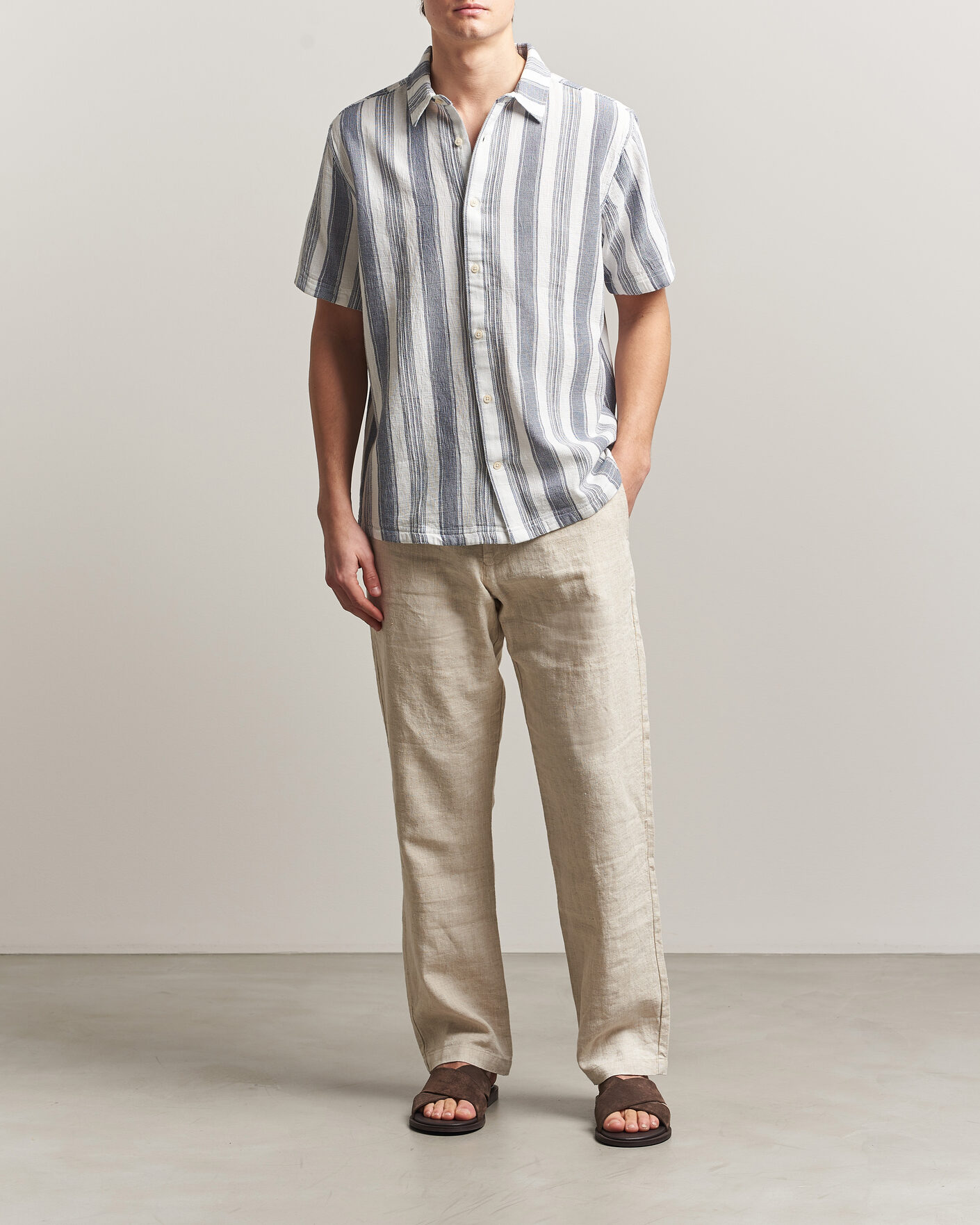 Herre | Skjorter | KnowledgeCotton Apparel | Box Short Sleeve Stripe Shirt Blue Stripe