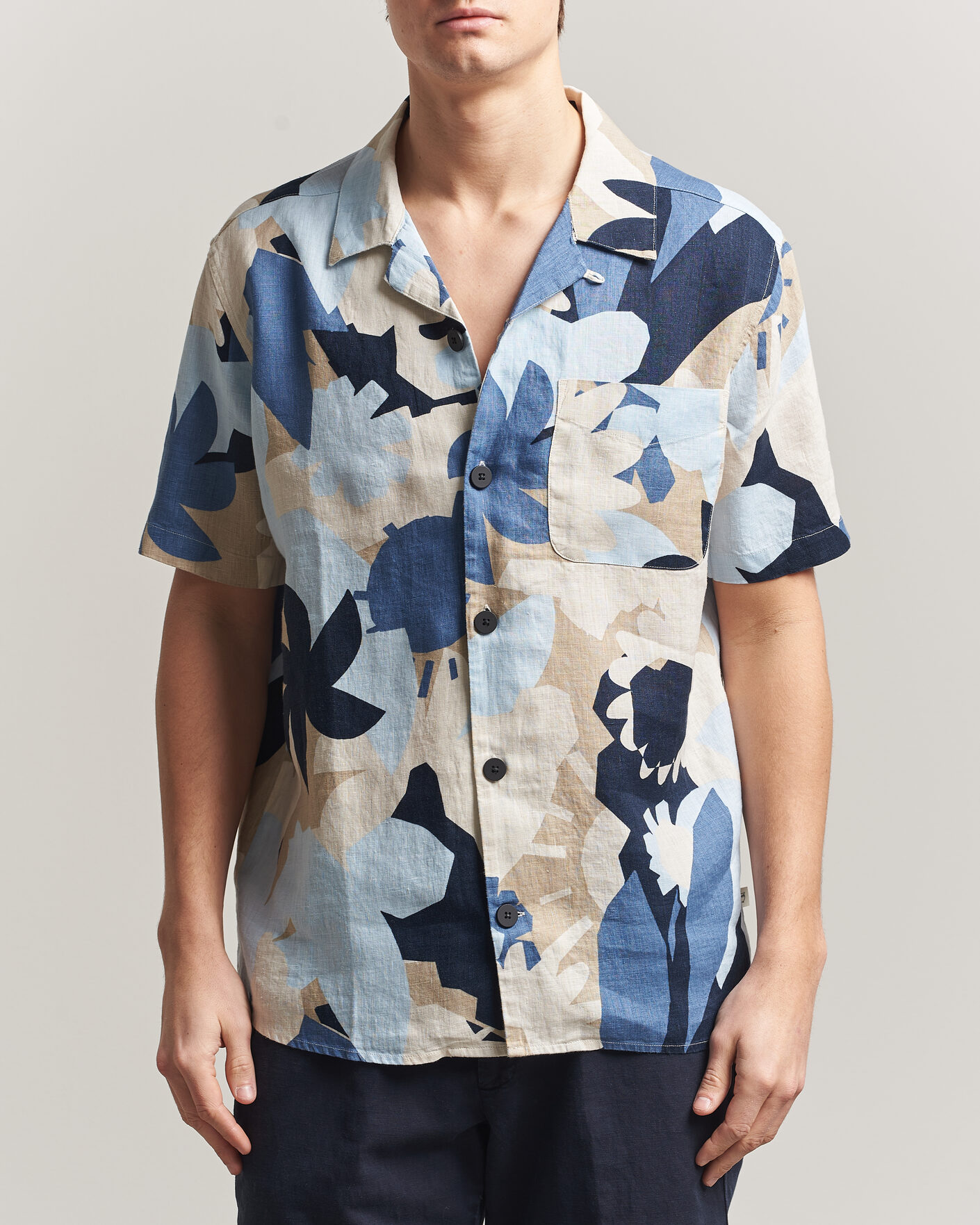 Herre | Skjorter | KnowledgeCotton Apparel | Relaxed Printed Linen Short Sleeve Shirt Blue