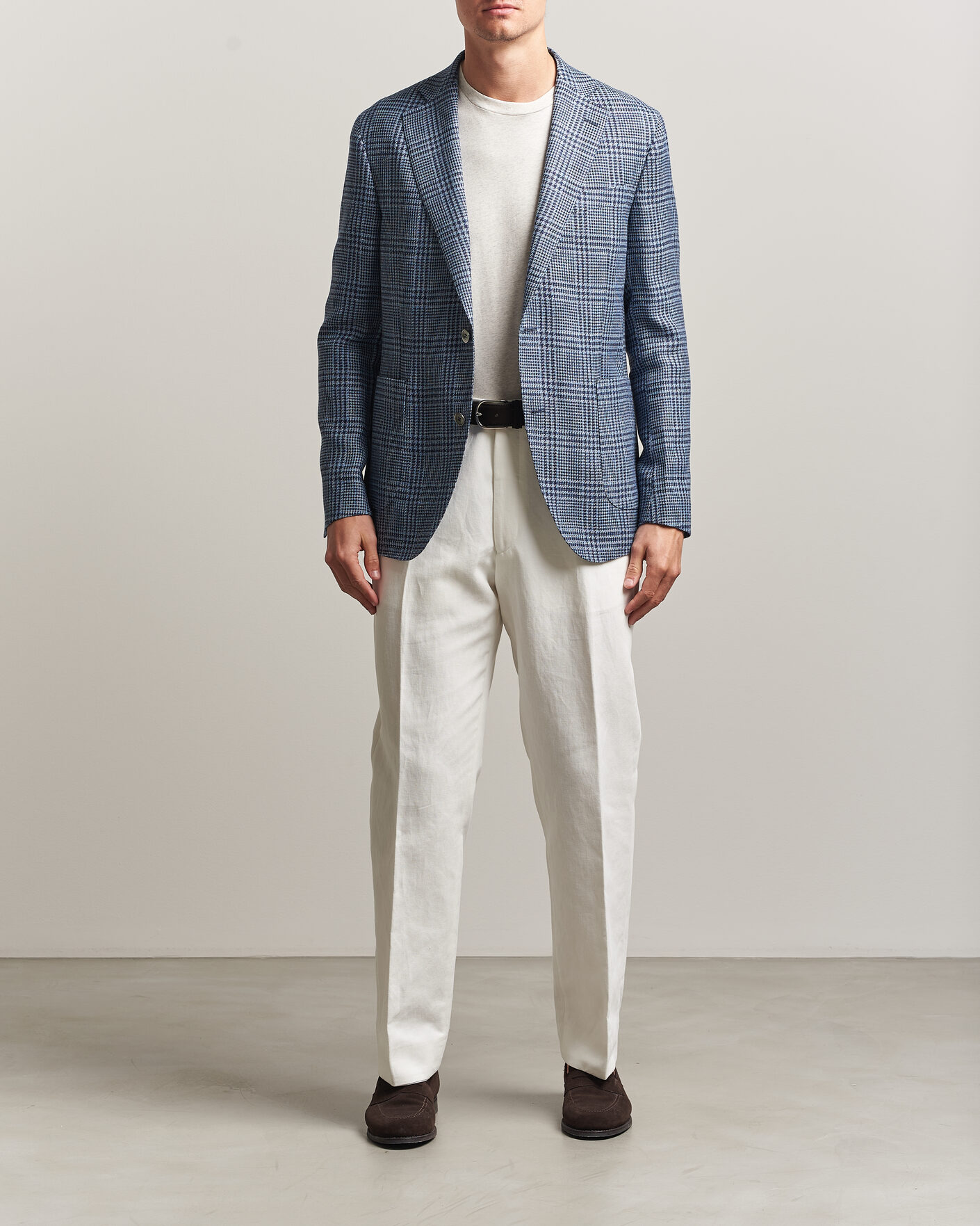 Herre | Dressjakker | Oscar Jacobson | Ferry Patch Soft Checked Linen/Wool Blazer Blue