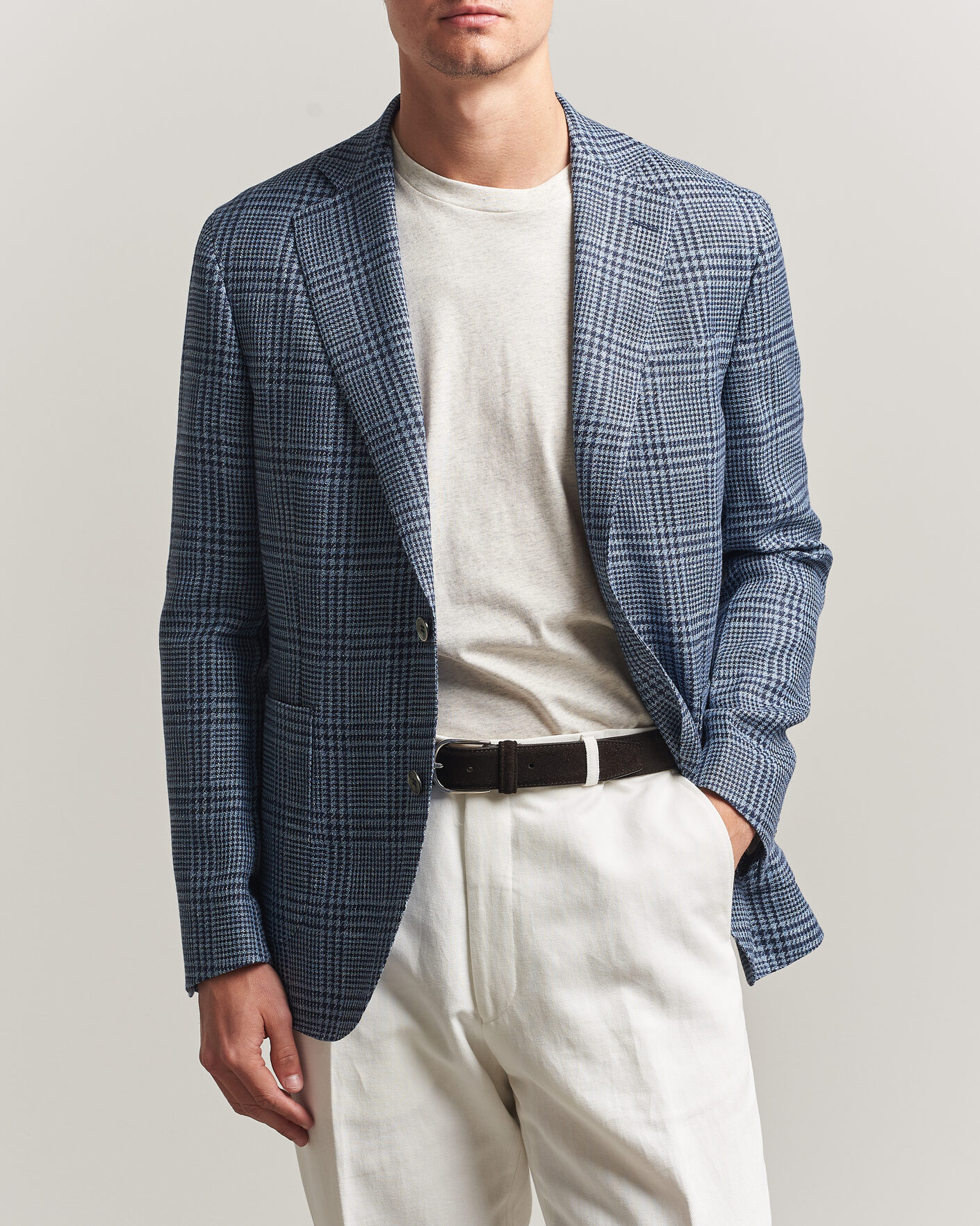 Herre | Dressjakker | Oscar Jacobson | Ferry Patch Soft Checked Linen/Wool Blazer Blue