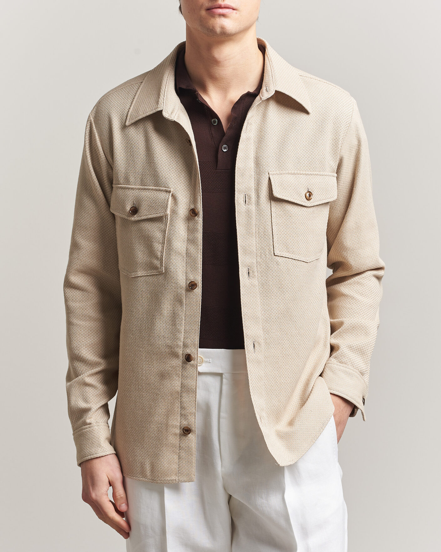 Herre | Skjorter | Oscar Jacobson | Magnus Structure Cotton Overshirt Beige