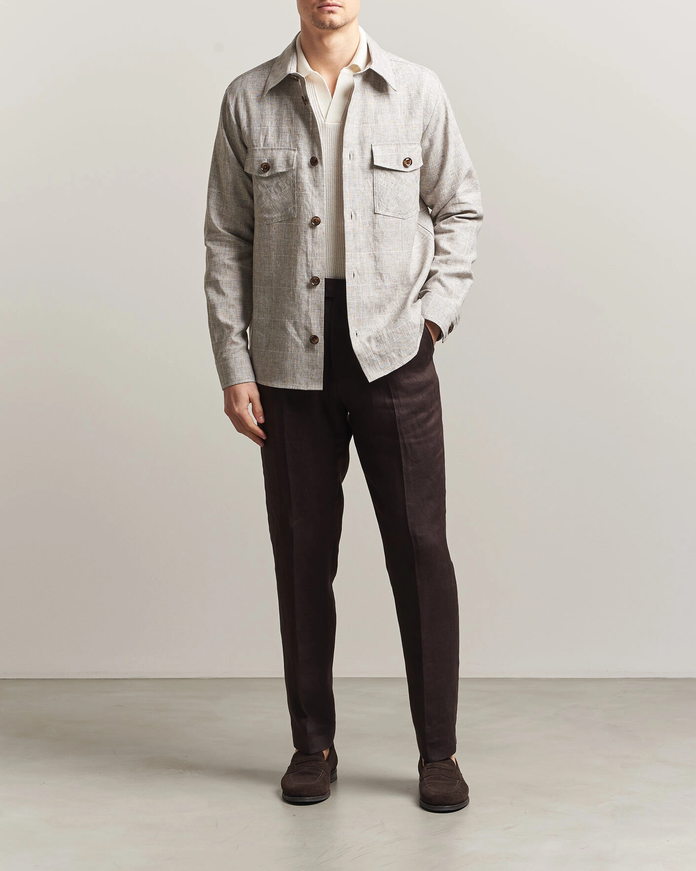 Herre | Skjorter | Oscar Jacobson | Magnus Checked Linen Overshirt Beige