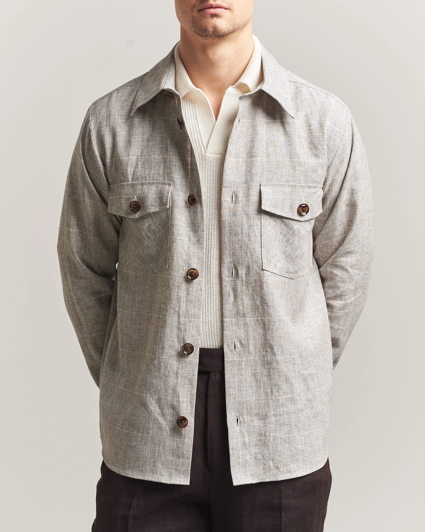 Herre | Skjorter | Oscar Jacobson | Magnus Checked Linen Overshirt Beige