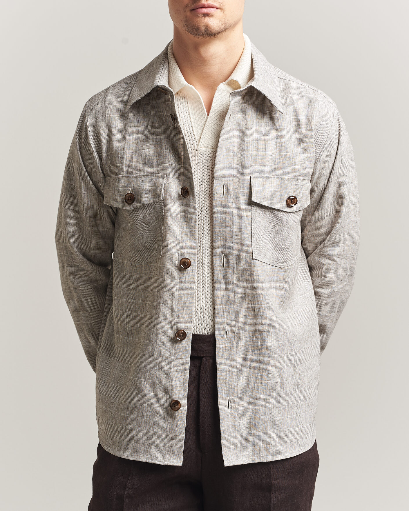 Herre | Skjorter | Oscar Jacobson | Magnus Checked Linen Overshirt Beige