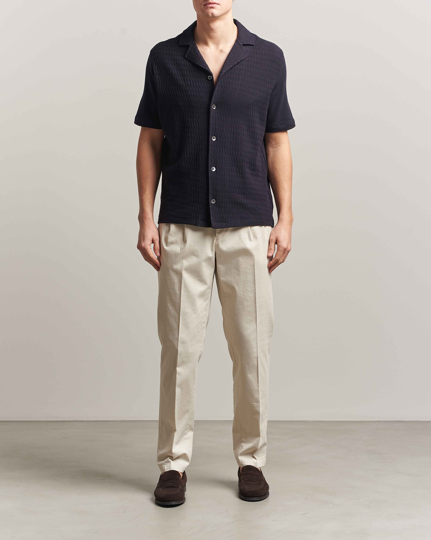 Herre | Skjorter | Oscar Jacobson | Kirk Knitted Short Sleeve Shirt Navy