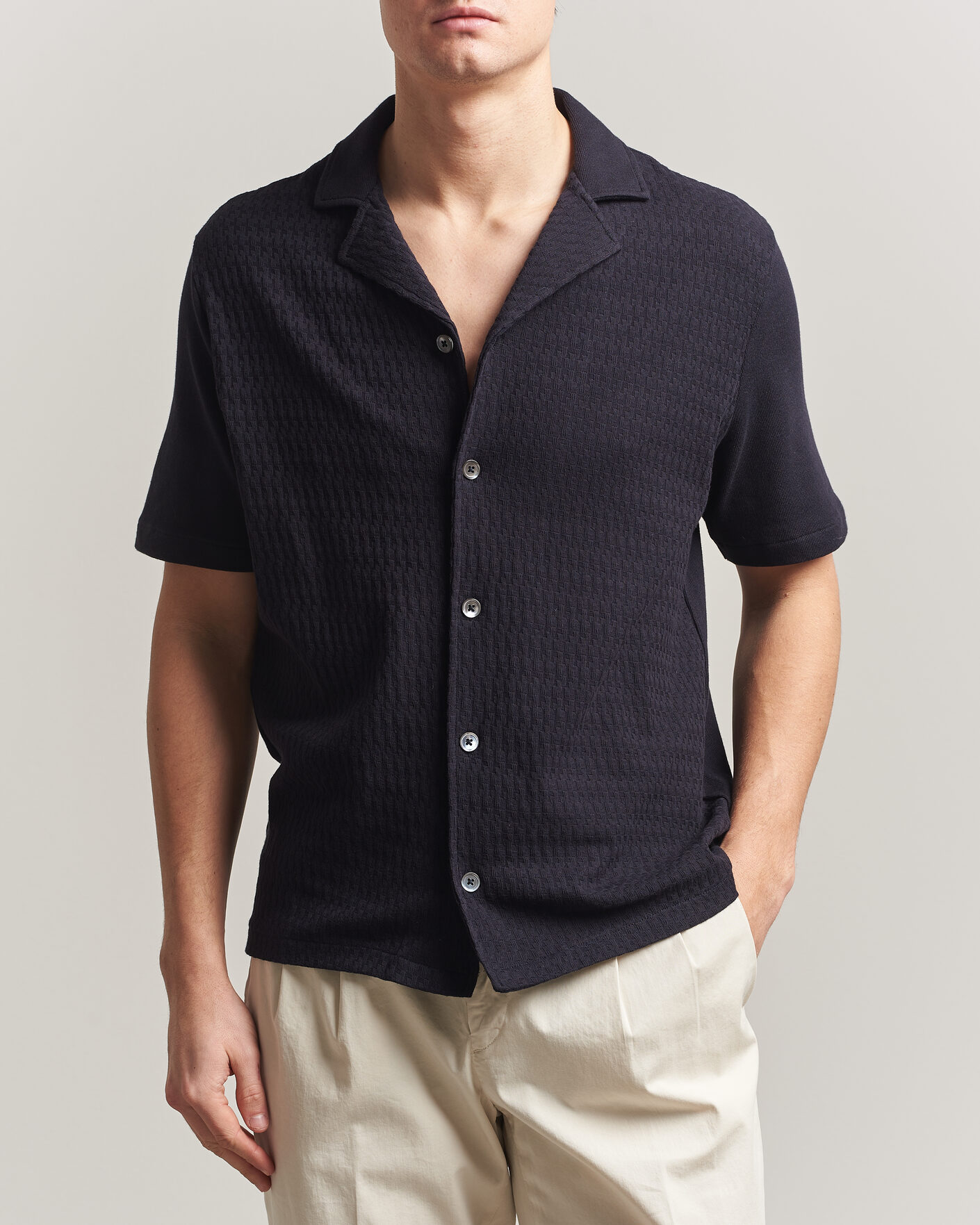 Herre | Skjorter | Oscar Jacobson | Kirk Knitted Short Sleeve Shirt Navy