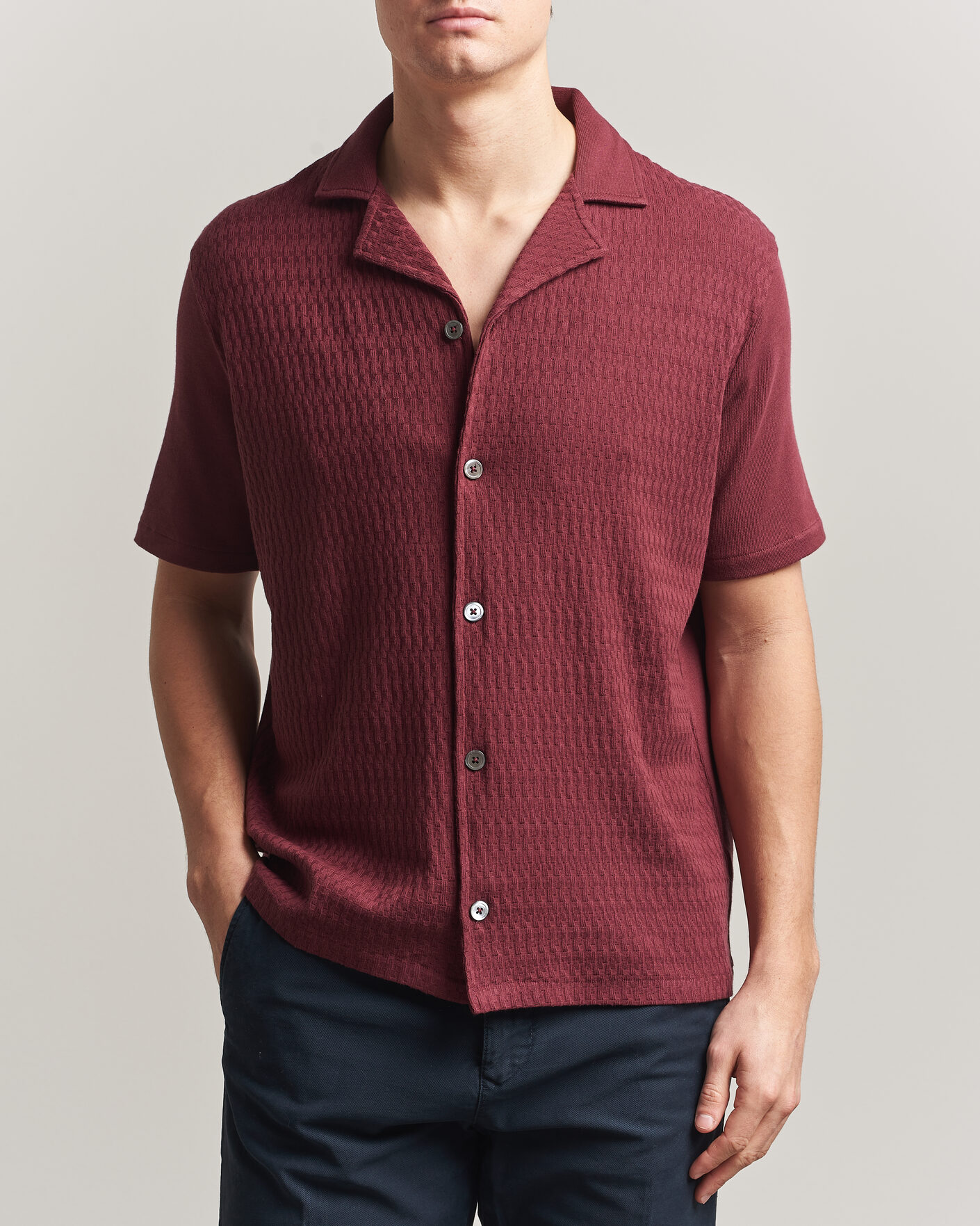 Herre | Skjorter | Oscar Jacobson | Kirk Knitted Short Sleeve Shirt Wine Red