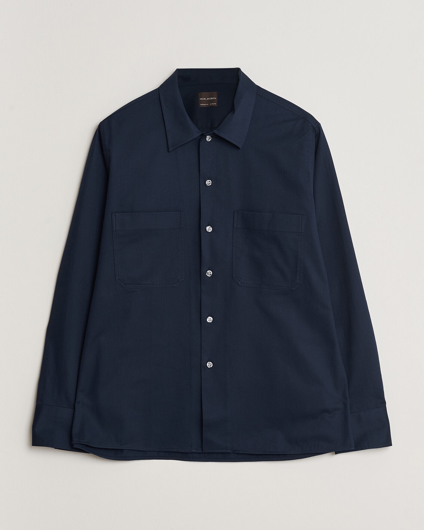 Herre | Skjorter | Oscar Jacobson | Straight Fit Bowling Collar Cotton Shirt Navy