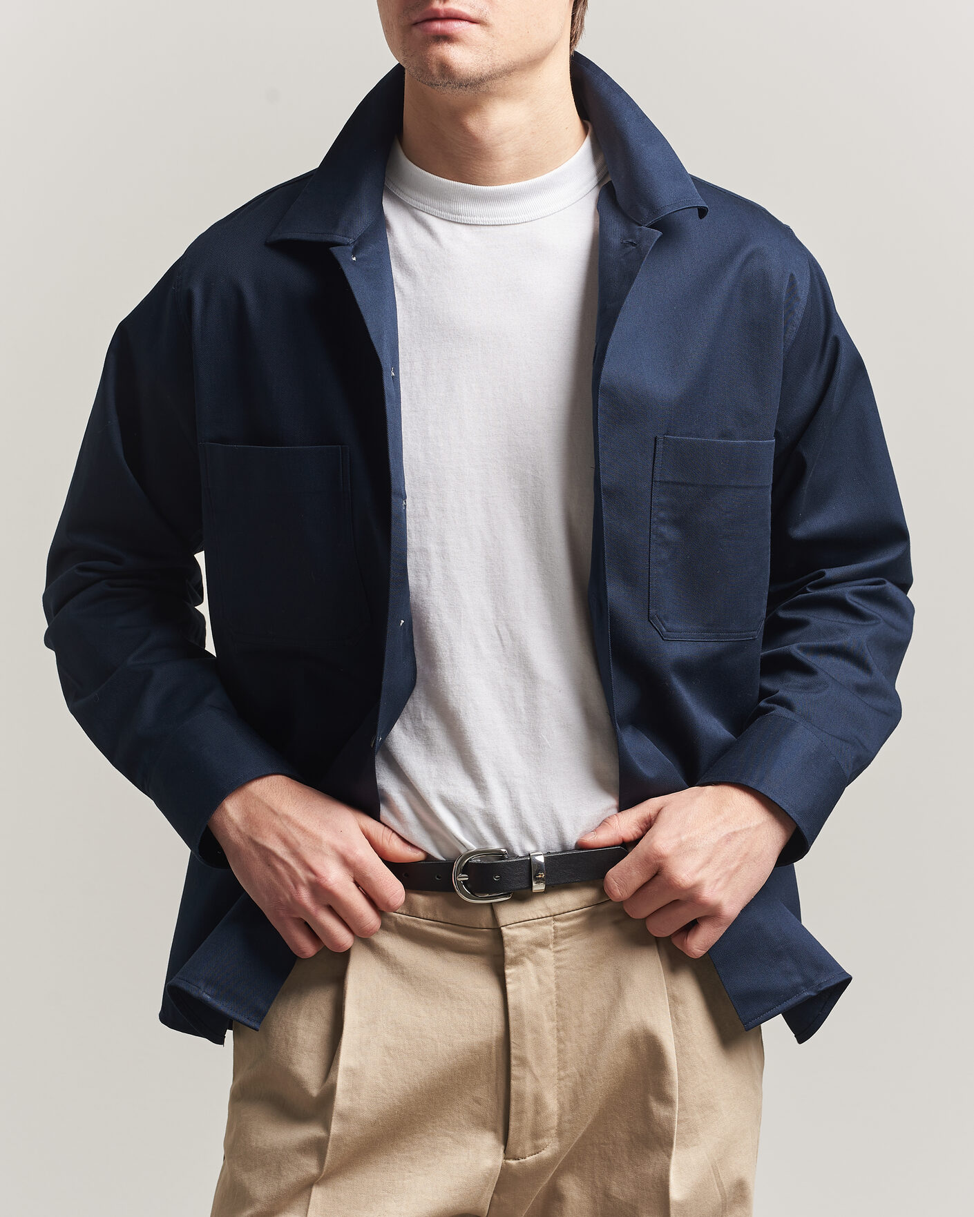 Herre | Skjorter | Oscar Jacobson | Straight Fit Bowling Collar Cotton Shirt Navy