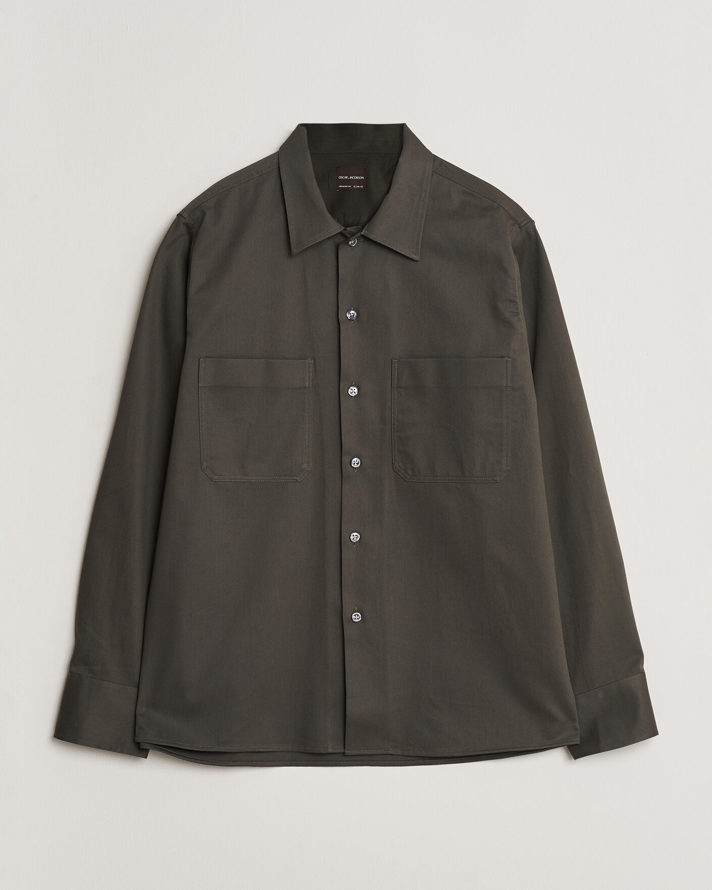 Herre | Skjorter | Oscar Jacobson | Straight Fit Bowling Collar Cotton Shirt Olive