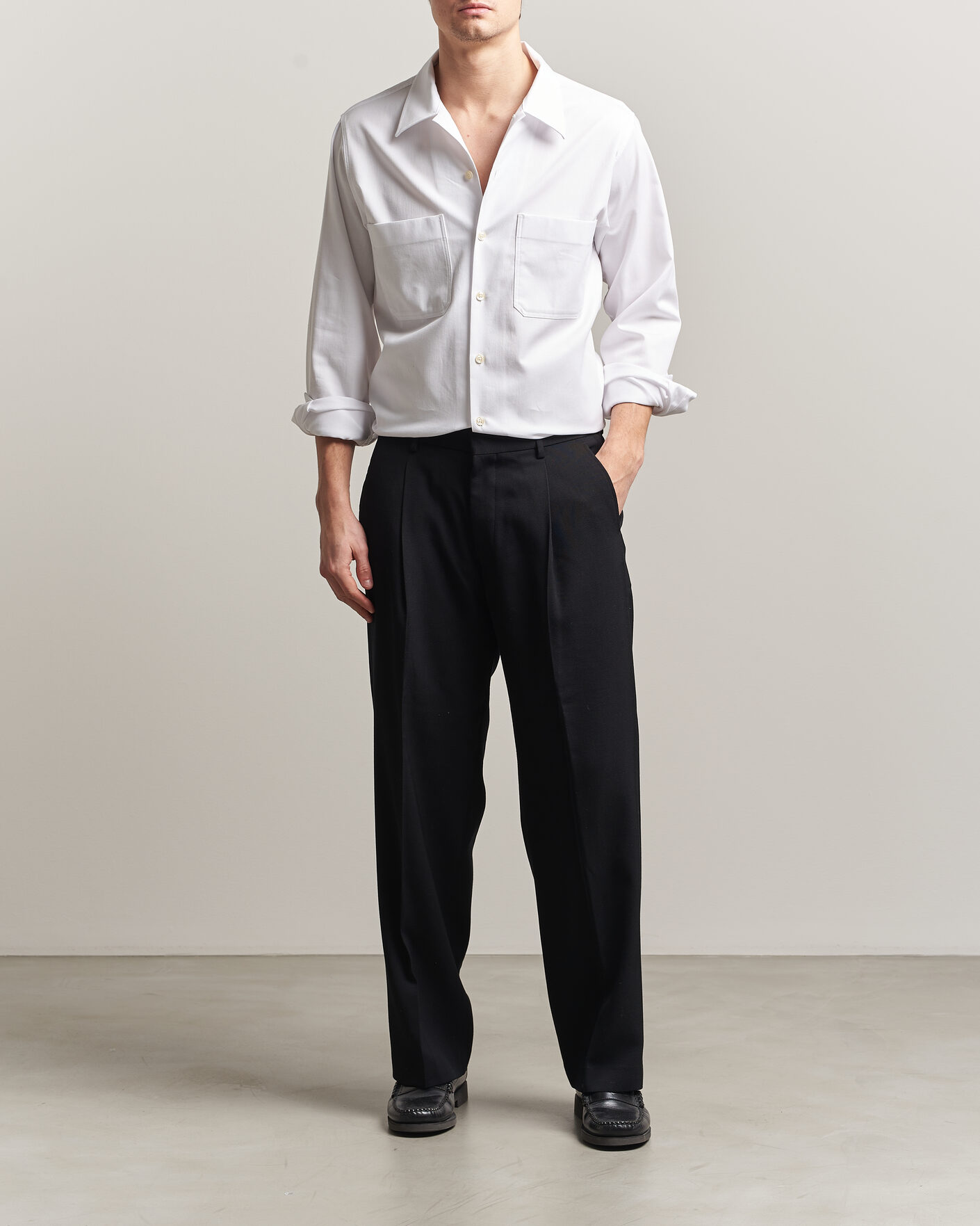 Herre | Skjorter | Oscar Jacobson | Straight Fit Bowling Collar Cotton Shirt White