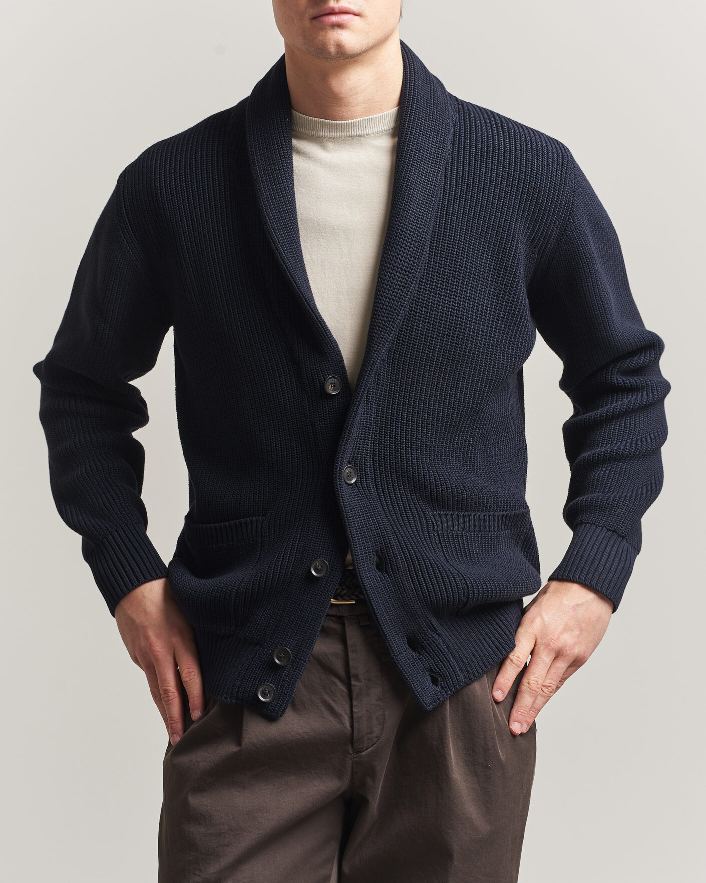 Herre | Gensere | Oscar Jacobson | Roland Knitted Cotton Cardigan Navy