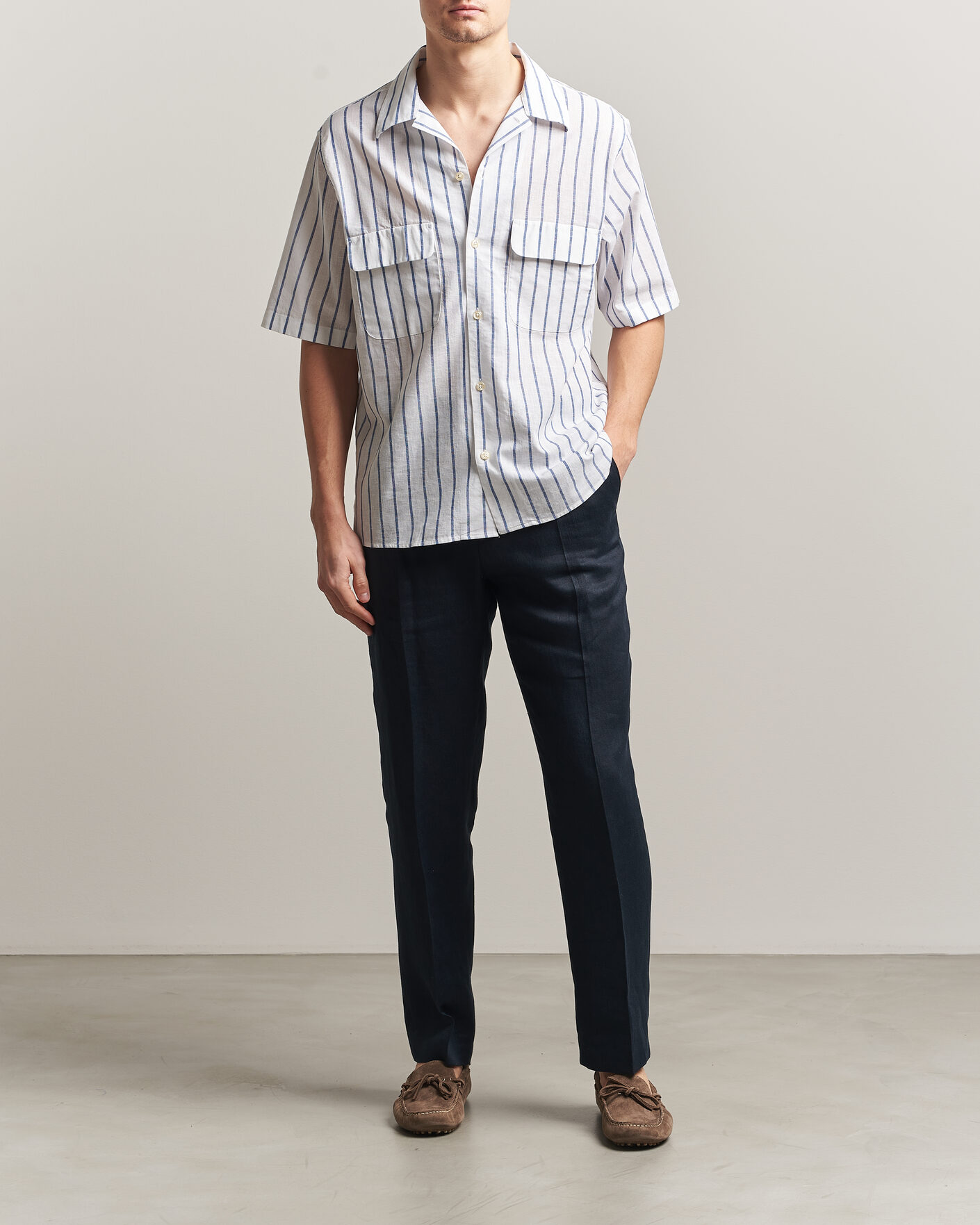 Herre | Skjorter | Oscar Jacobson | Striped Short Sleeve Linen Shirt Navy/White