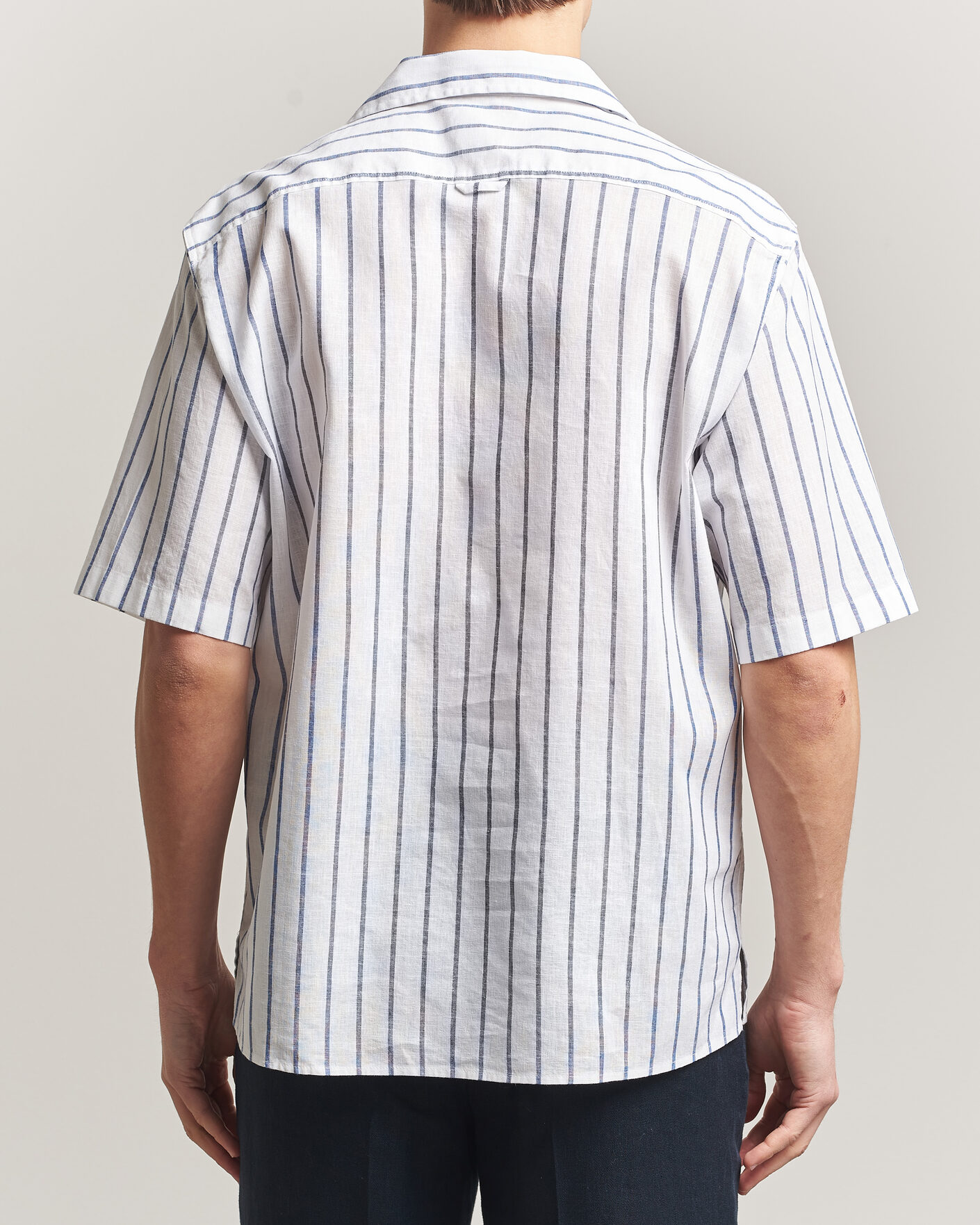 Herre | Skjorter | Oscar Jacobson | Striped Short Sleeve Linen Shirt Navy/White