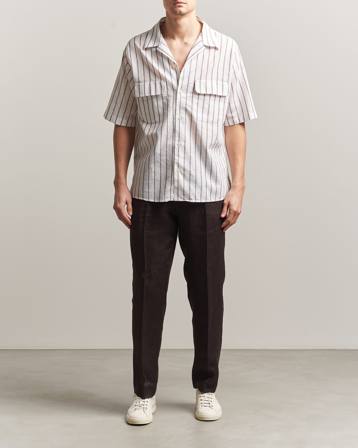 Herre | Skjorter | Oscar Jacobson | Striped Short Sleeve Linen Shirt Brown/White