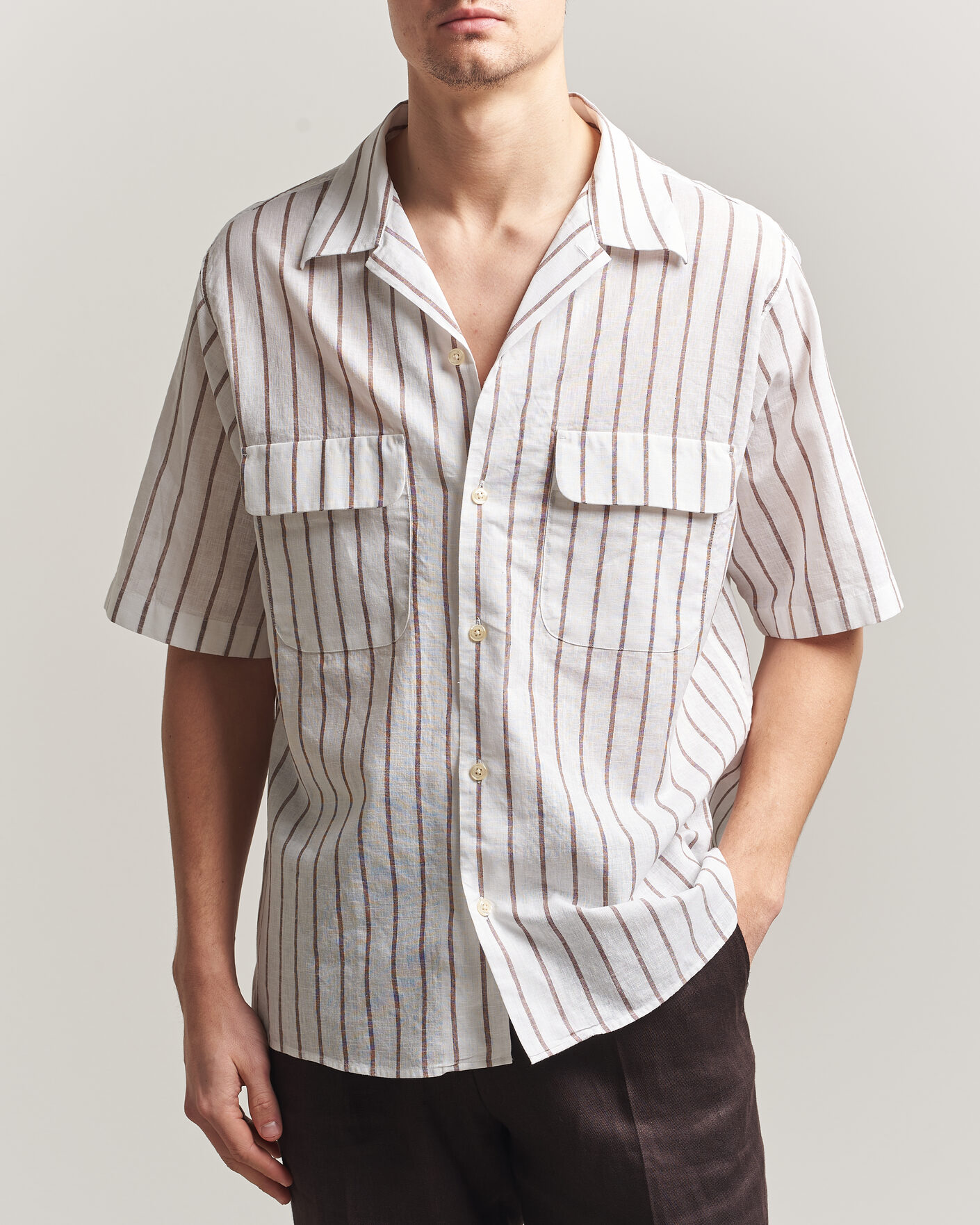 Herre | Skjorter | Oscar Jacobson | Striped Short Sleeve Linen Shirt Brown/White