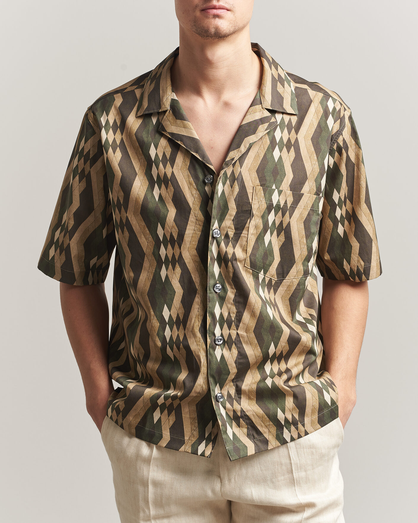 Herre | Skjorter | Oscar Jacobson | Reg Fit Cuban Printed Short Sleeve Shirt Olive