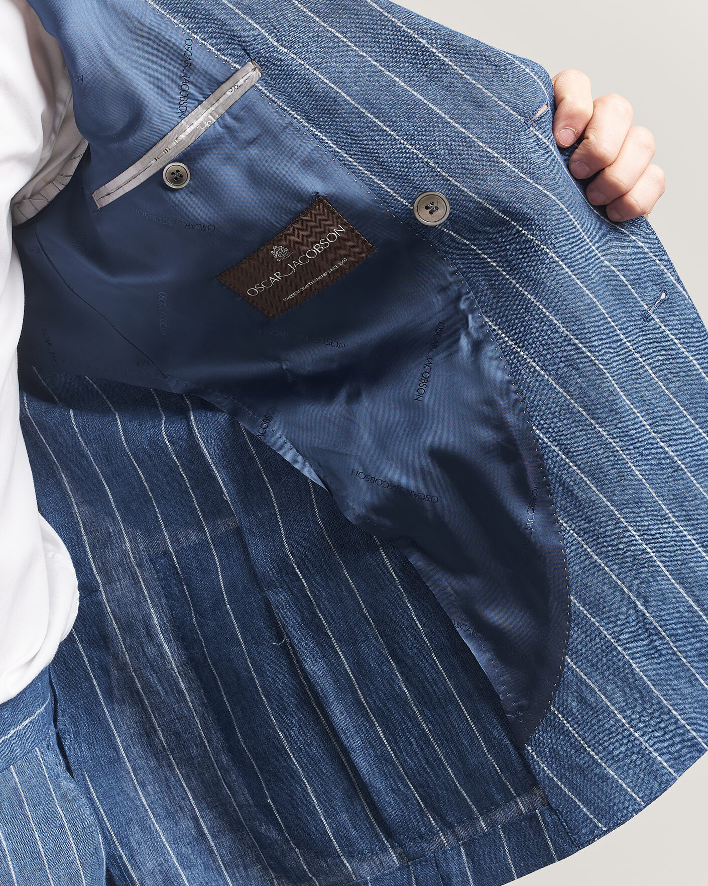 Herre | Dressjakker | Oscar Jacobson | Farrys Patch Striped Linen Blazer Blue