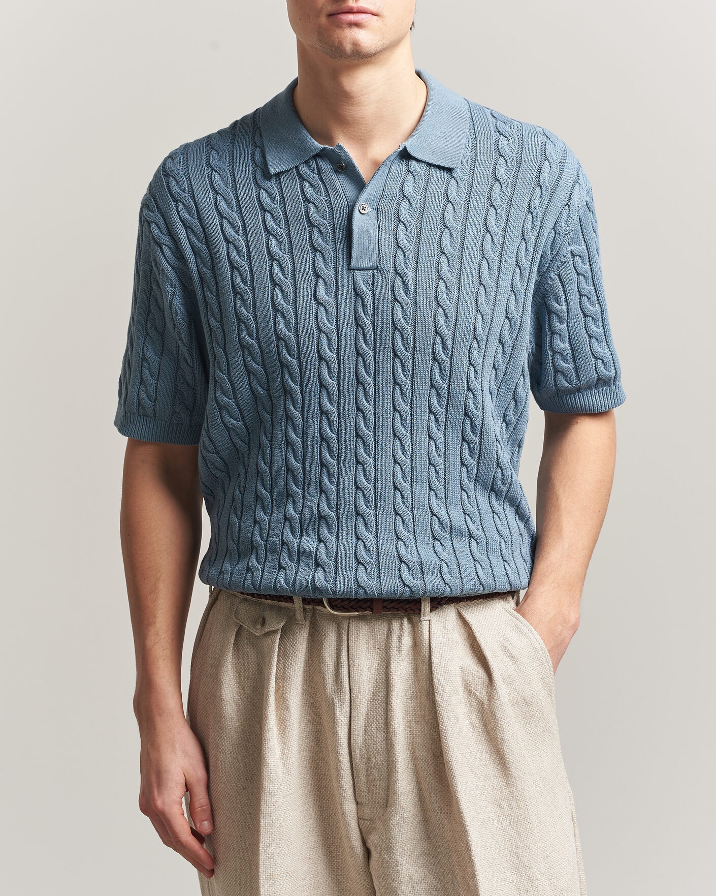 Herre | Pikéer | BEAMS PLUS | Short Sleeve Cable Polo Blue 