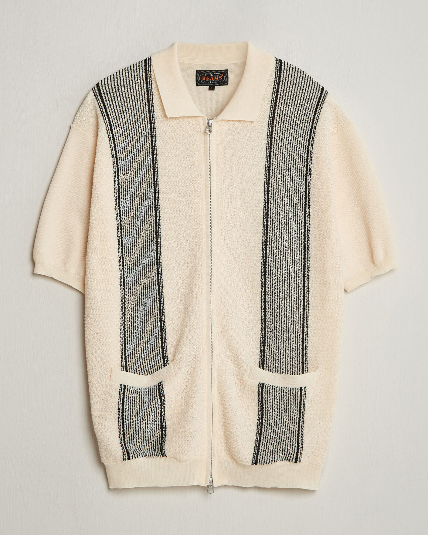 Herre | Pikéer | BEAMS PLUS | Zip Knit Striped Polo Off White