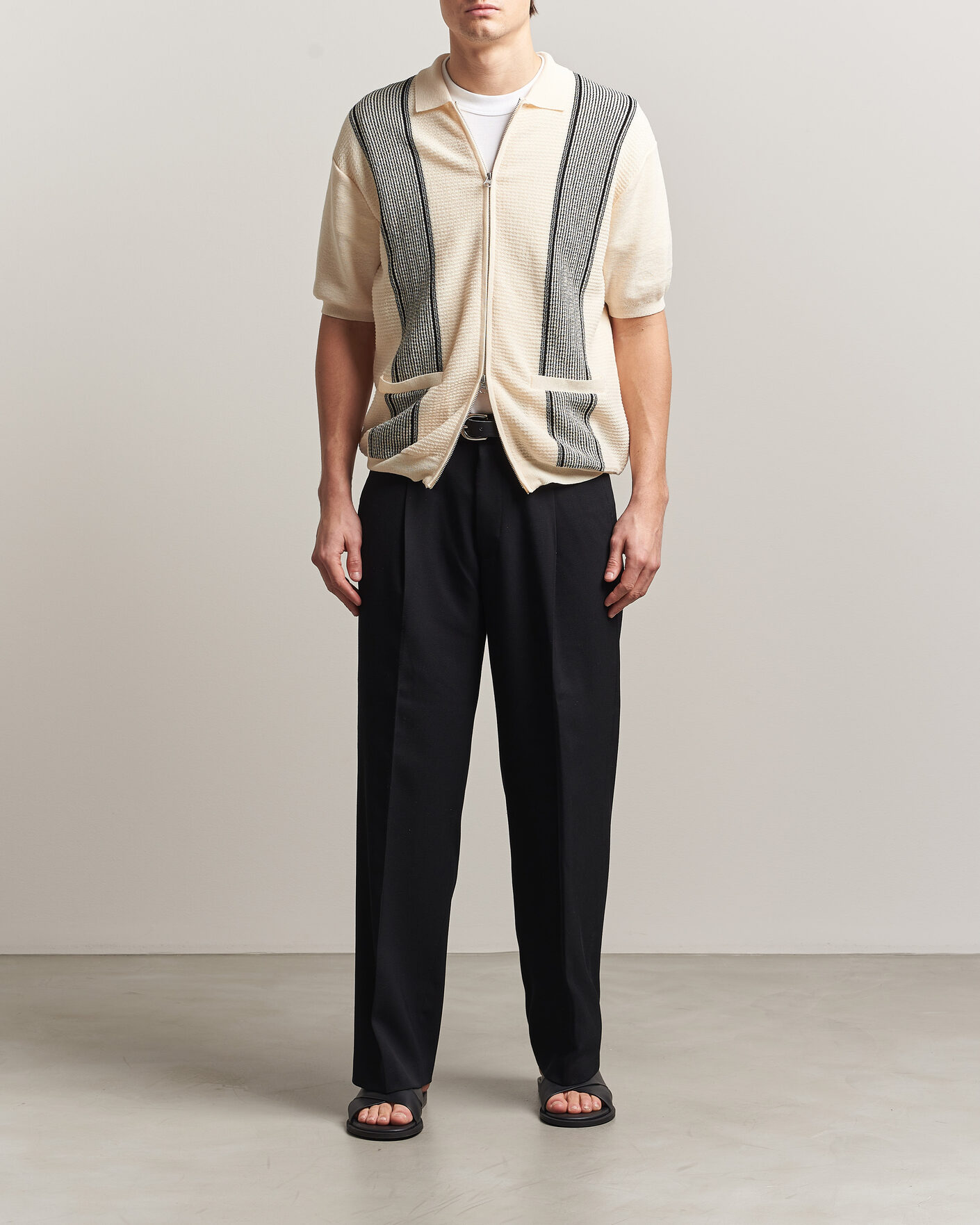 Herre | Pikéer | BEAMS PLUS | Zip Knit Striped Polo Off White