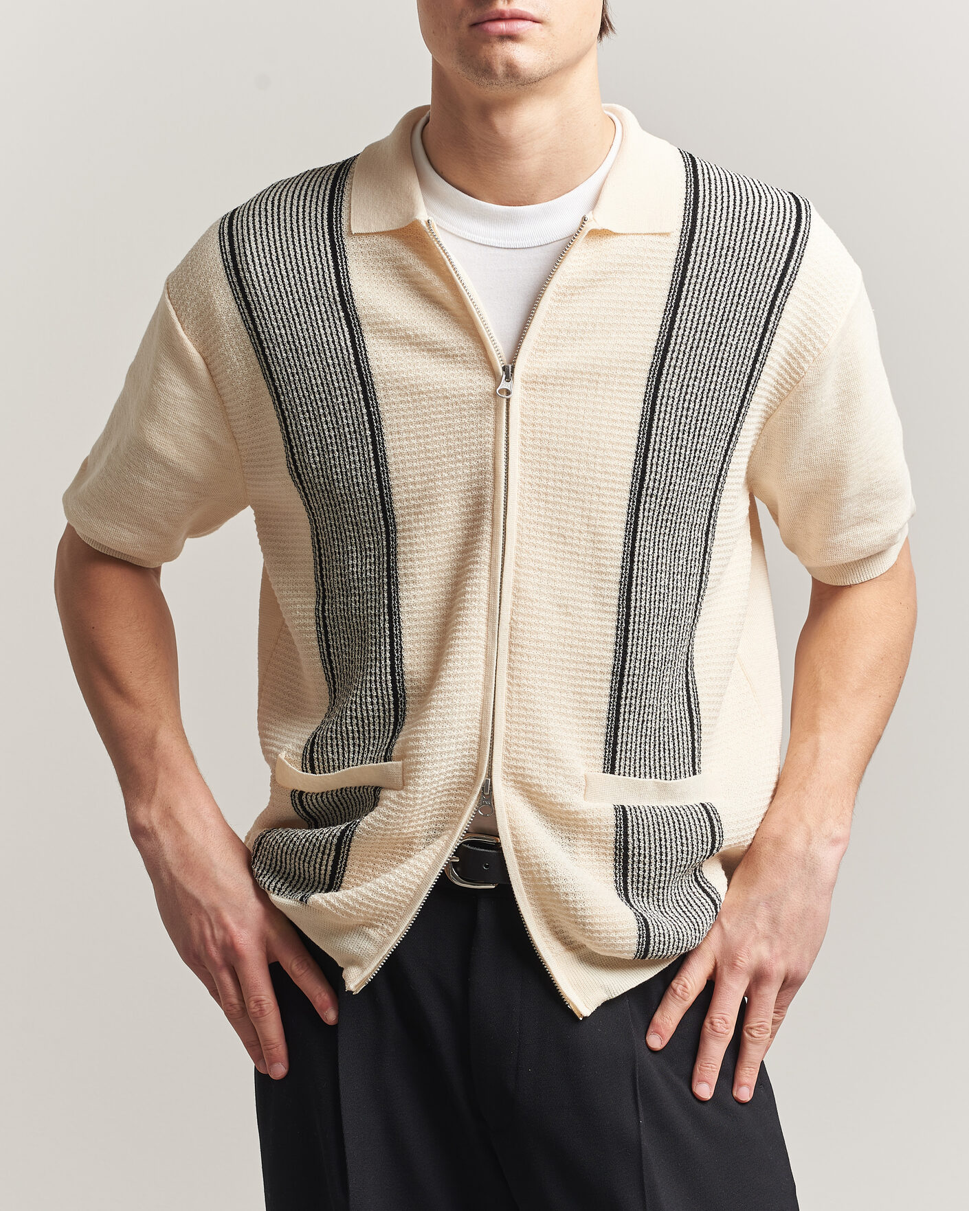 Herre | Pikéer | BEAMS PLUS | Zip Knit Striped Polo Off White