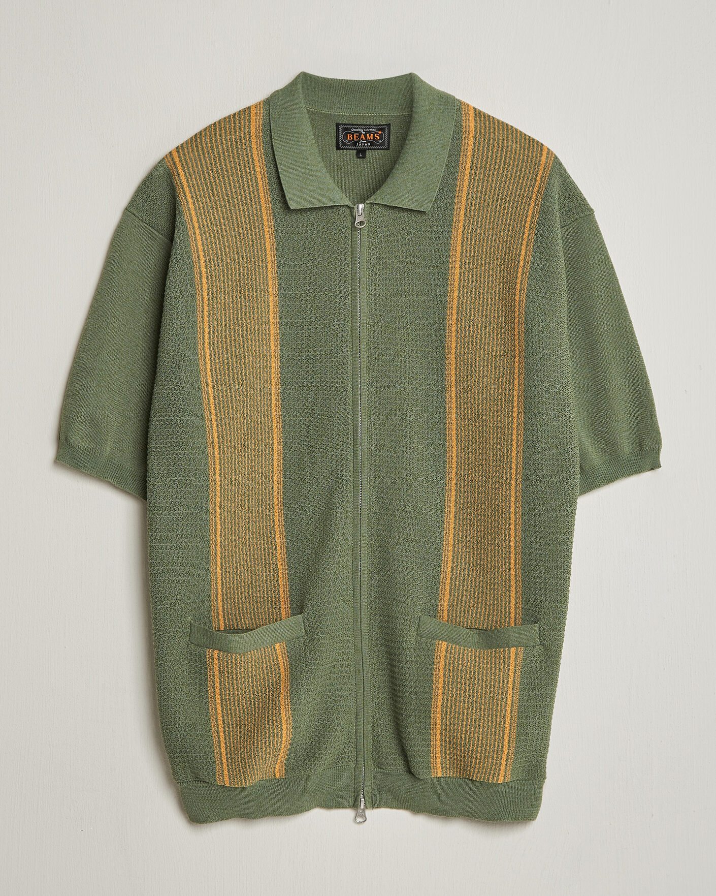 Herre | Pikéer | BEAMS PLUS | Zip Knit Striped Polo Olive