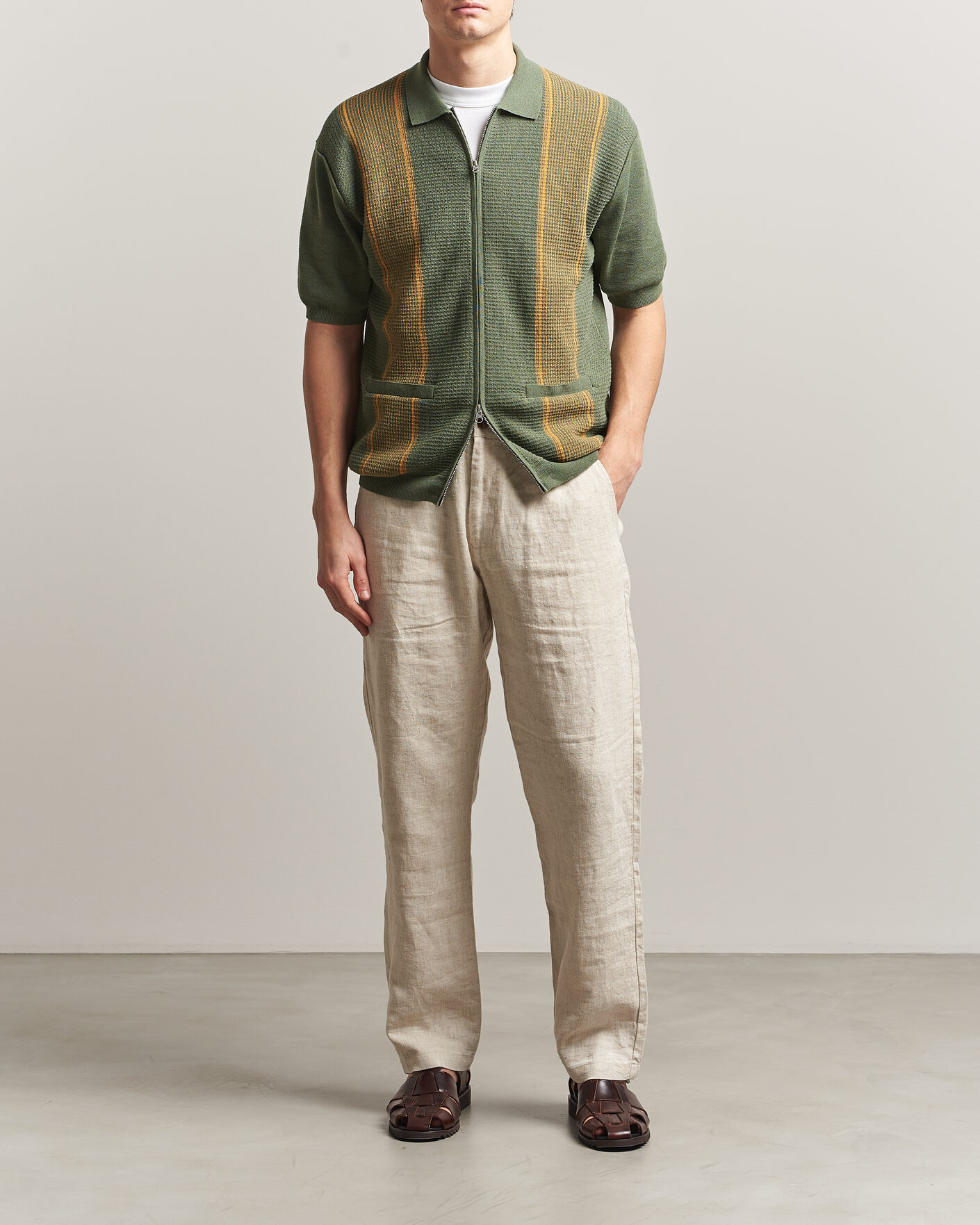 Herre | Pikéer | BEAMS PLUS | Zip Knit Striped Polo Olive