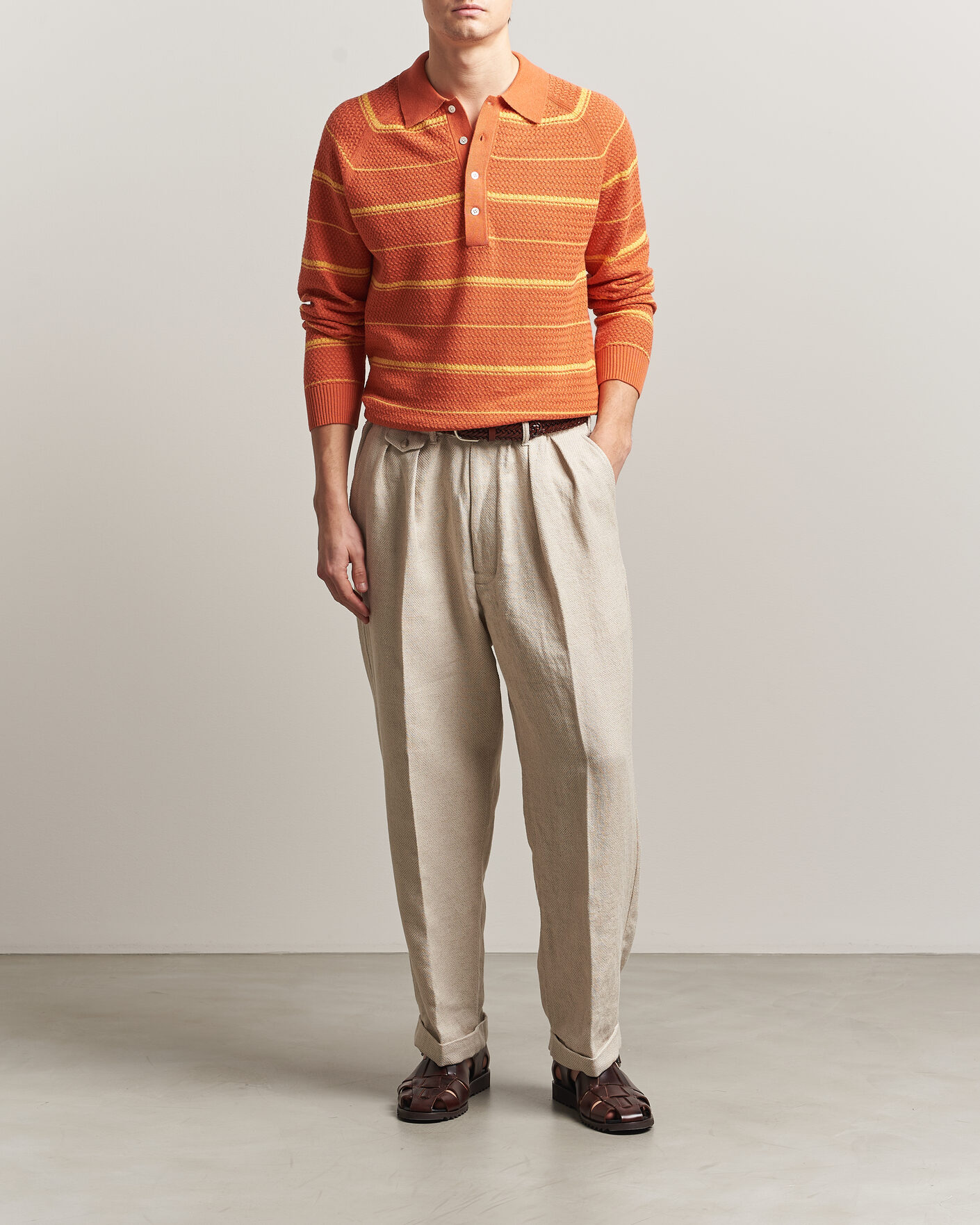 Herre | Pikéer | BEAMS PLUS | Long Sleeve Knit Polo Orange Stripe