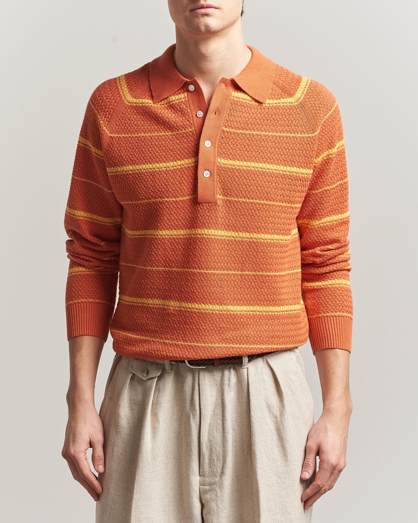 Herre | Pikéer | BEAMS PLUS | Long Sleeve Knit Polo Orange Stripe