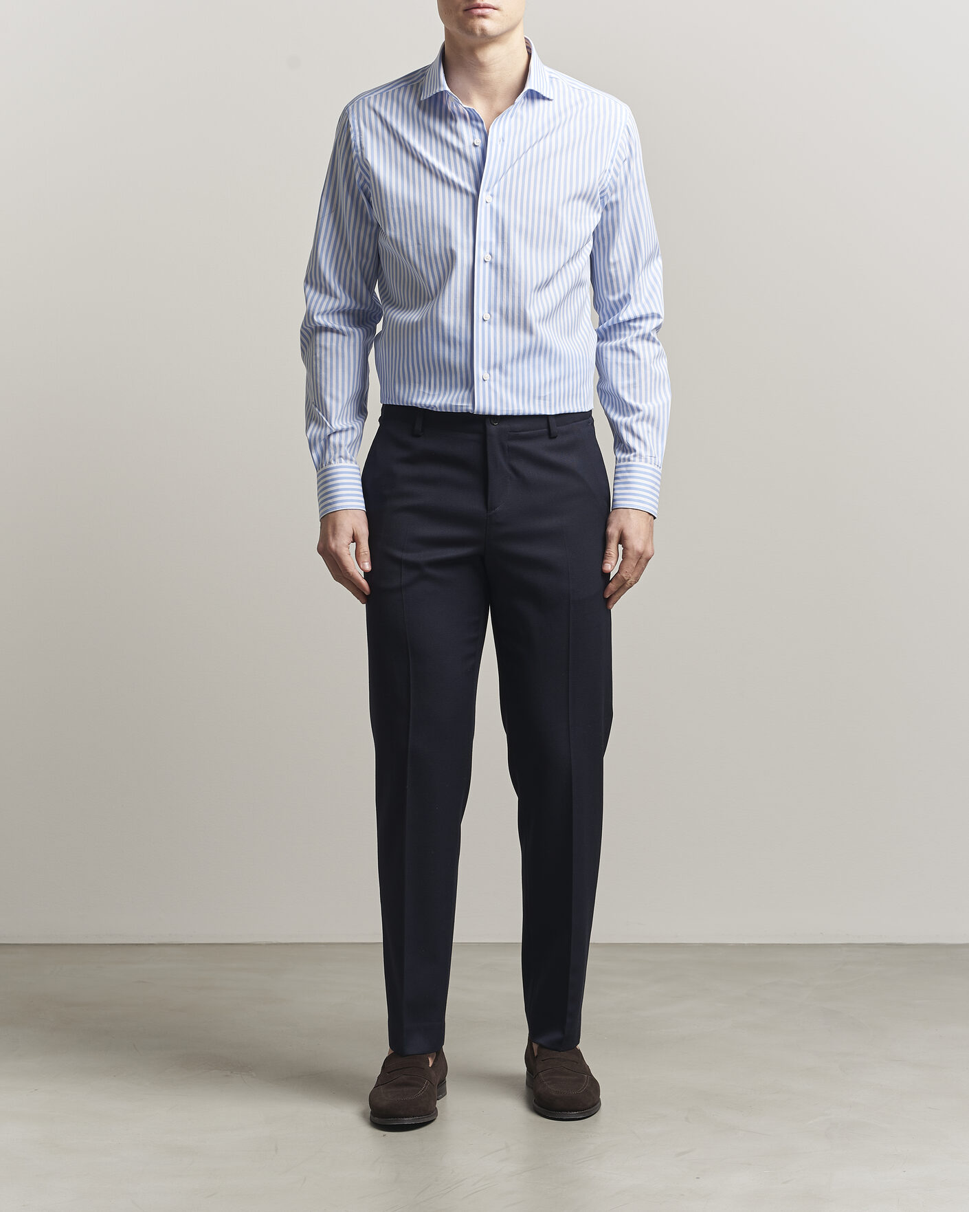 Herre | Skjorter | Grigio | Cotton Poplin Dress Shirt Light Blue Stripe