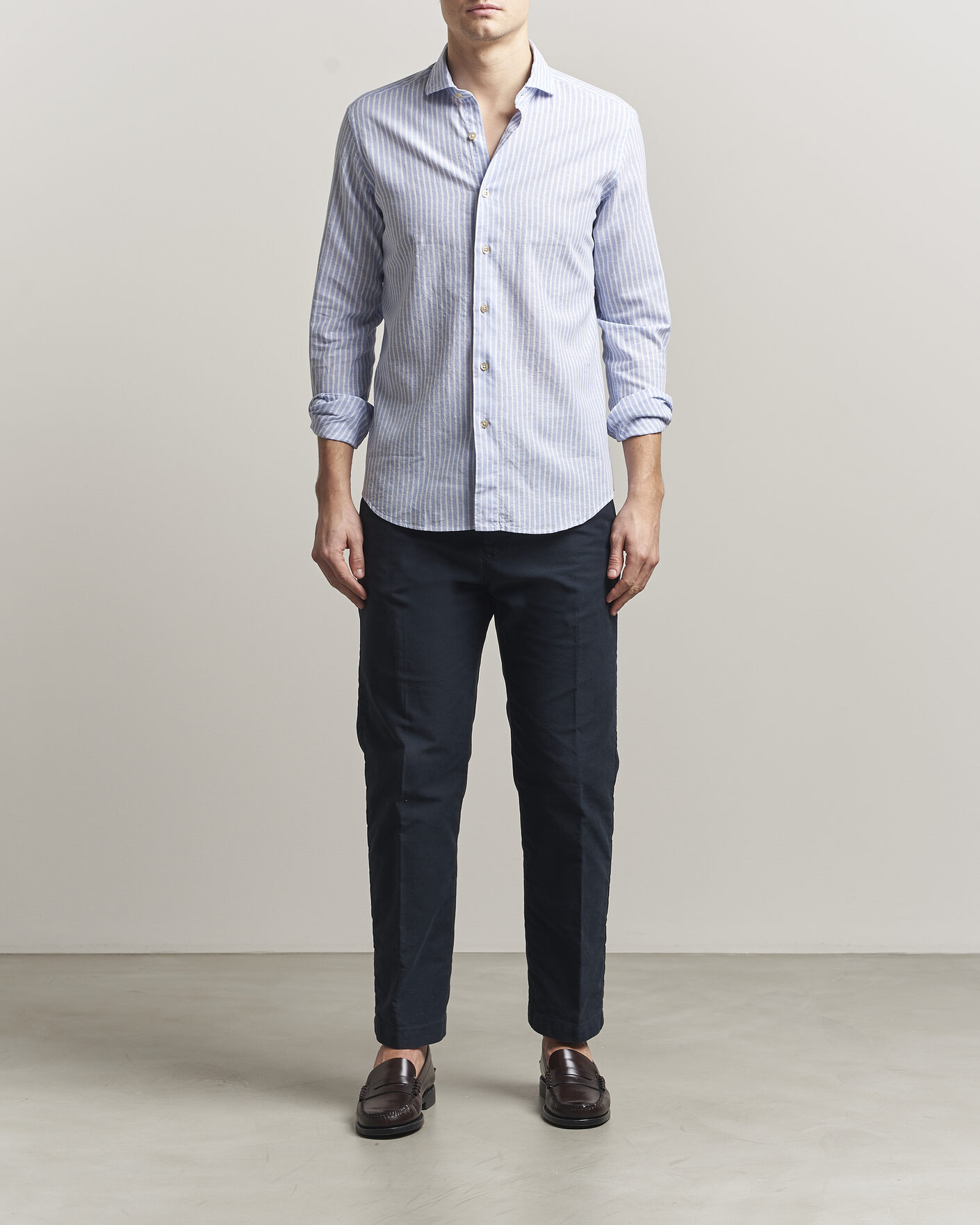Herre | Skjorter | Grigio | Washed Cotton/Linen Shirt Blue Stripe