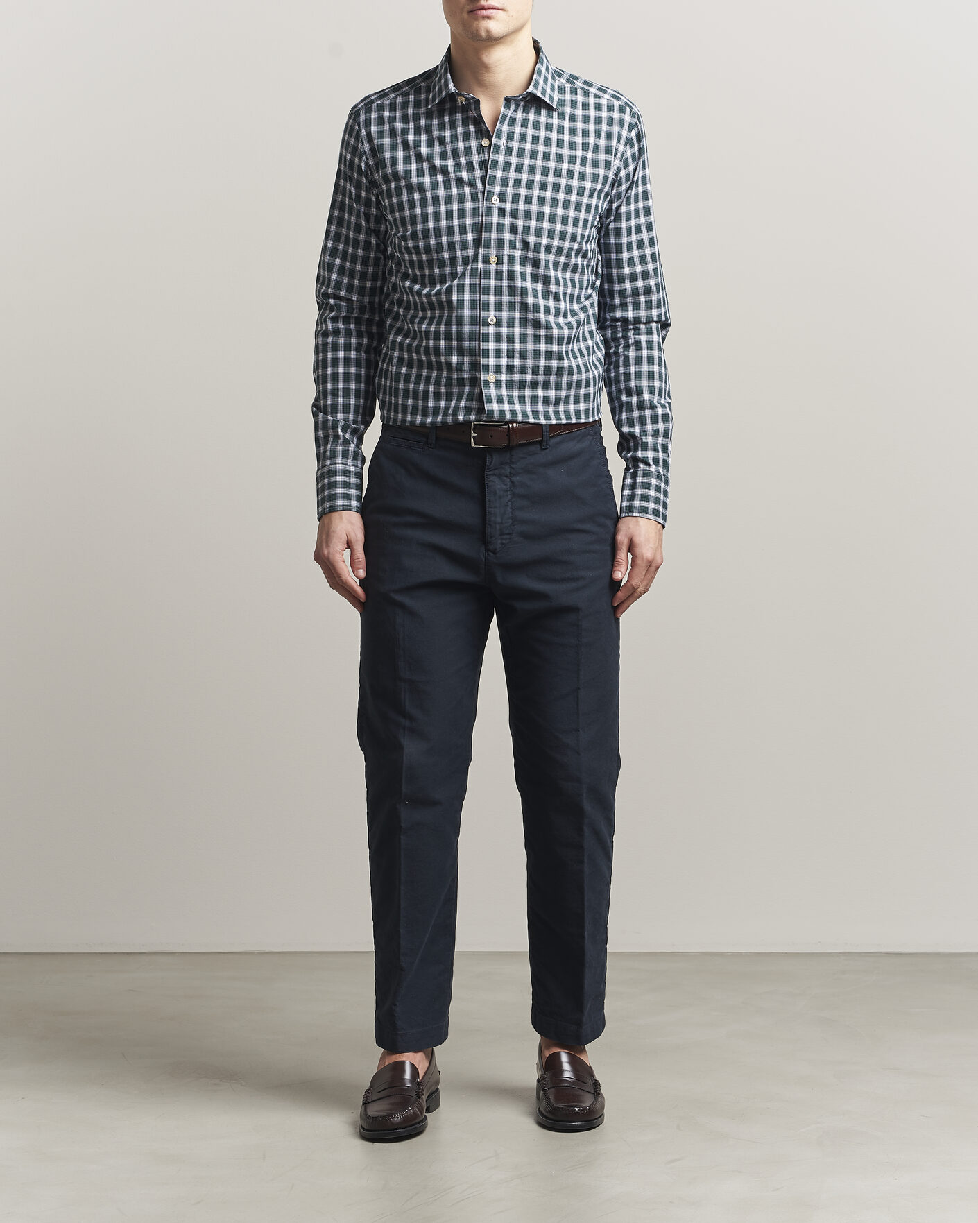 Herre | Skjorter | Grigio | Washed Casual Shirt Green Check