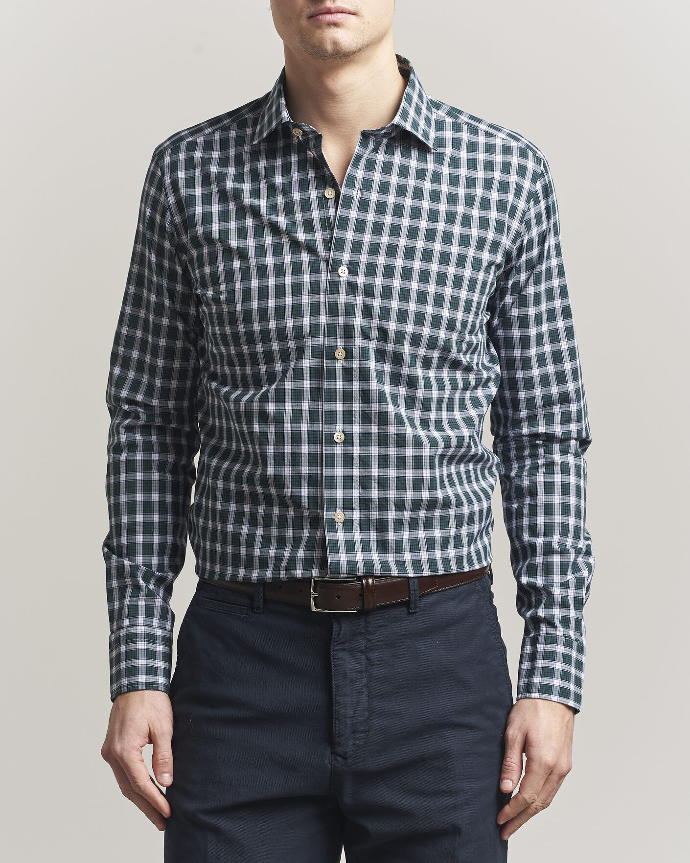 Herre | Skjorter | Grigio | Washed Casual Shirt Green Check