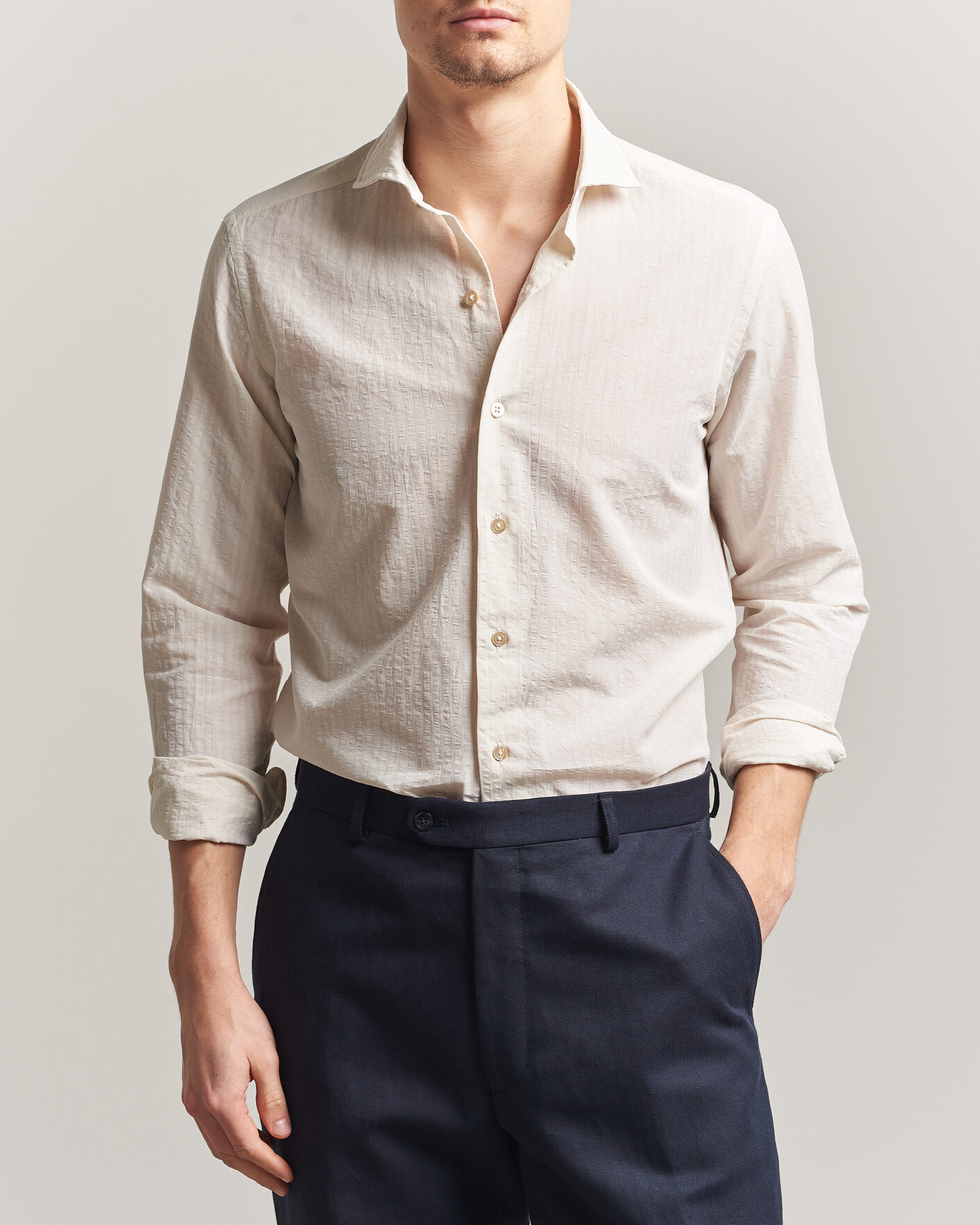 Herre | Skjorter | Grigio | Cotton/Linen Seersucker Shirt Off White