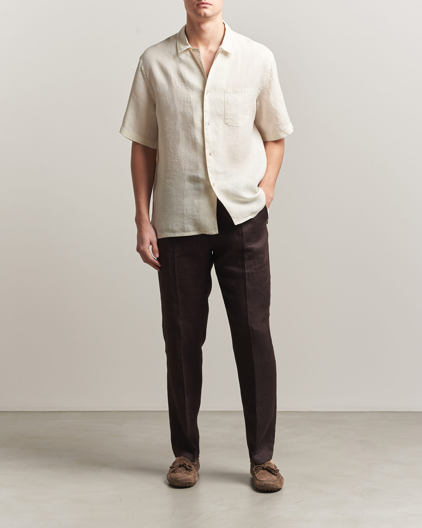 Herre | Skjorter | Grigio | Linen Camp Collar Shirt White
