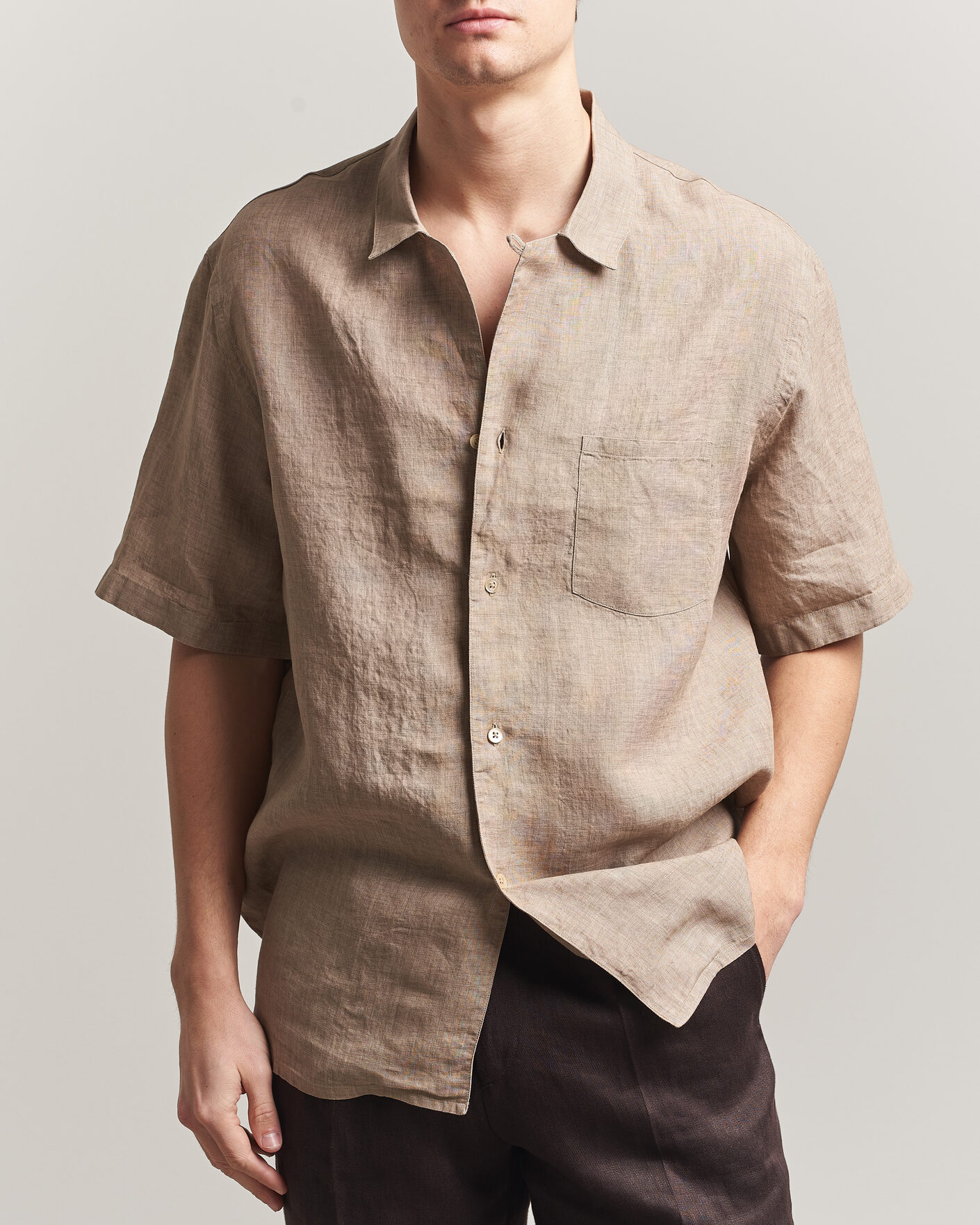 Herre | Skjorter | Grigio | Linen Camp Collar Shirt Brown
