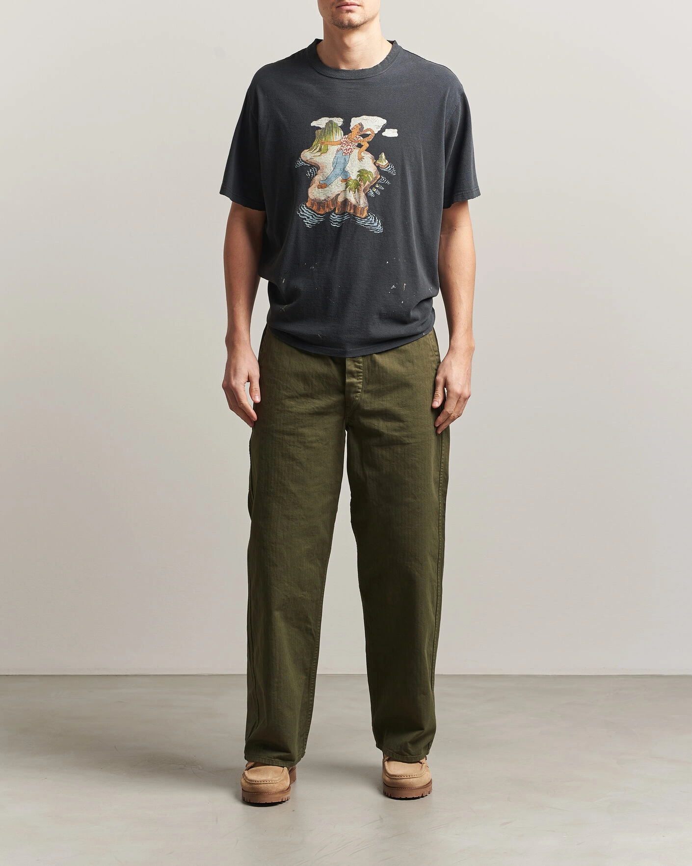 Herre | Bukser | orSlow | Wide Fit French Work Pants Army Green