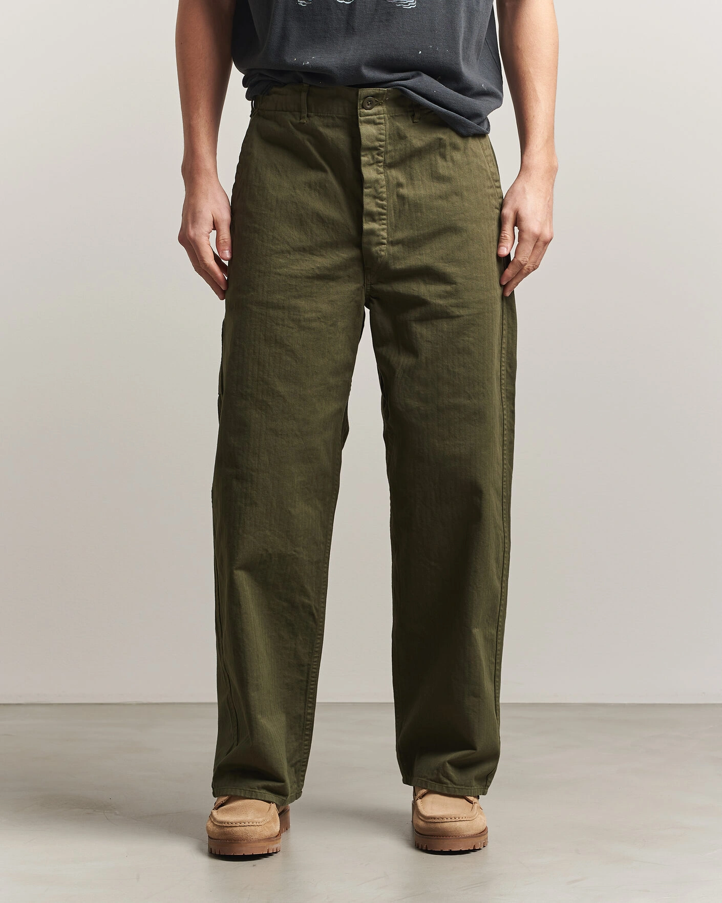 Herre | Bukser | orSlow | Wide Fit French Work Pants Army Green