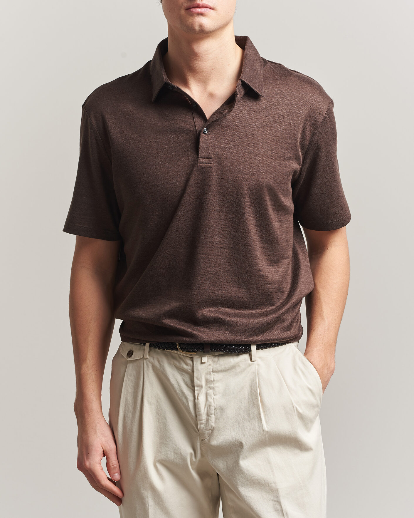 Herre | Pikéer | Charles Tyrwhitt | Short Sleeve Linen Polo Chocolate Brown